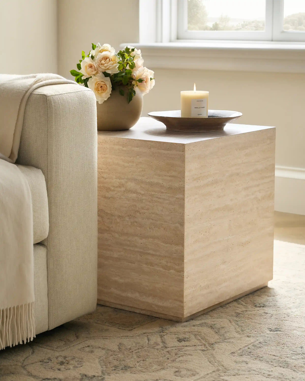 Travertine Plinth End Table