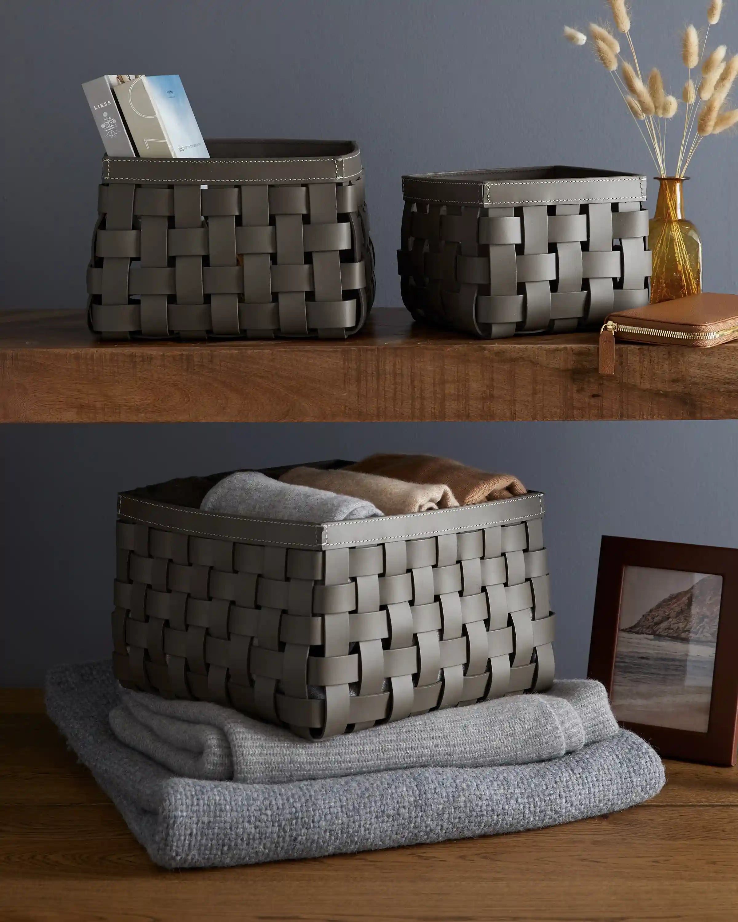 Recycled Woven Leather Baskets (set of 3)