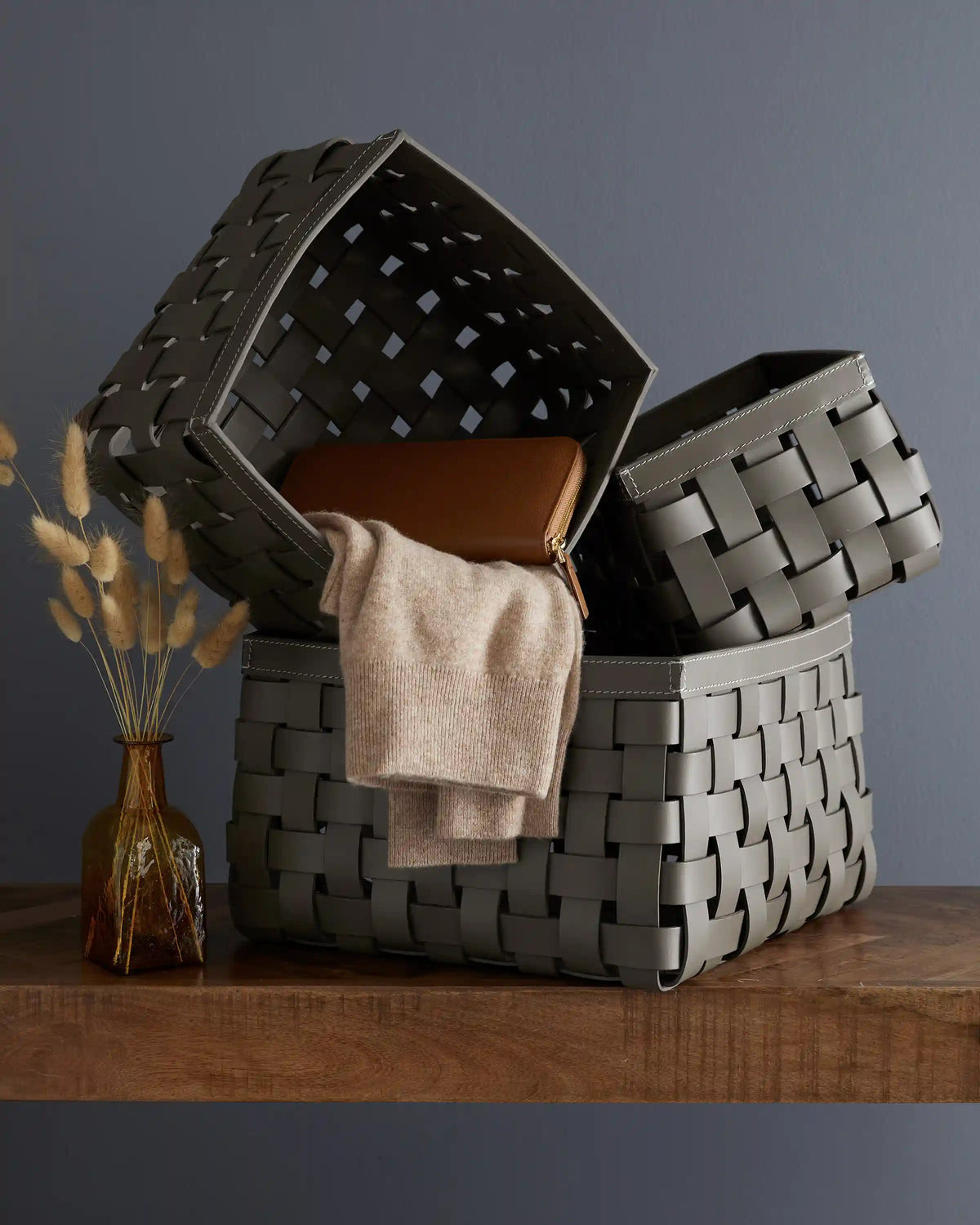 Recycled Woven Leather Baskets (set of 3)