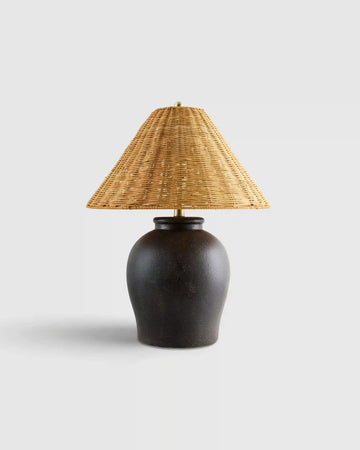 Artisan Ceramic Table Lamp with Rattan Shade