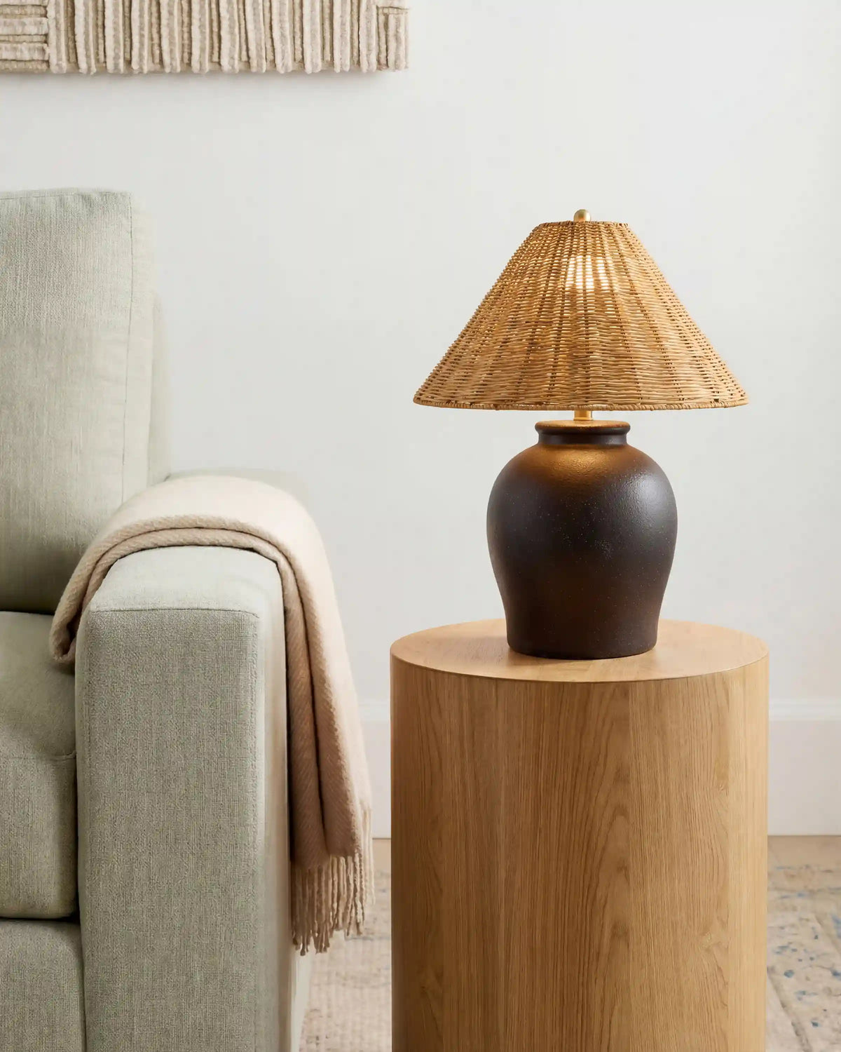 Artisan Ceramic Table Lamp with Rattan Shade