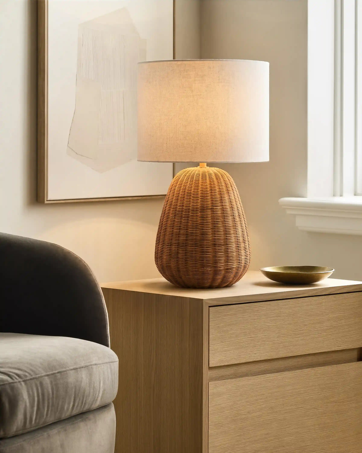 Natural Rattan Table Lamp with Linen Shade
