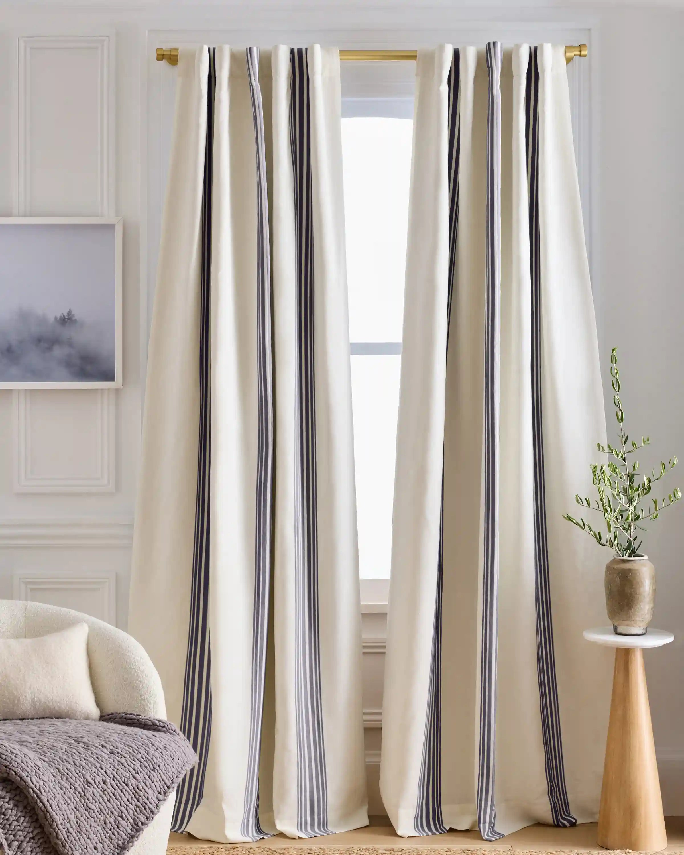 Coastal Stripe Linen Cotton Room Darkening Curtain - Single Panel