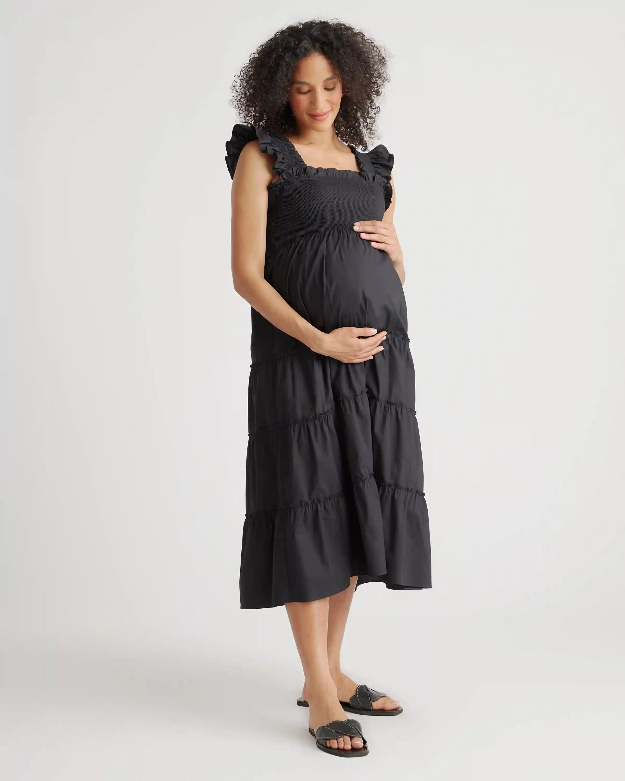 100% Organic Cotton Poplin Maternity Smocked Midi Dress