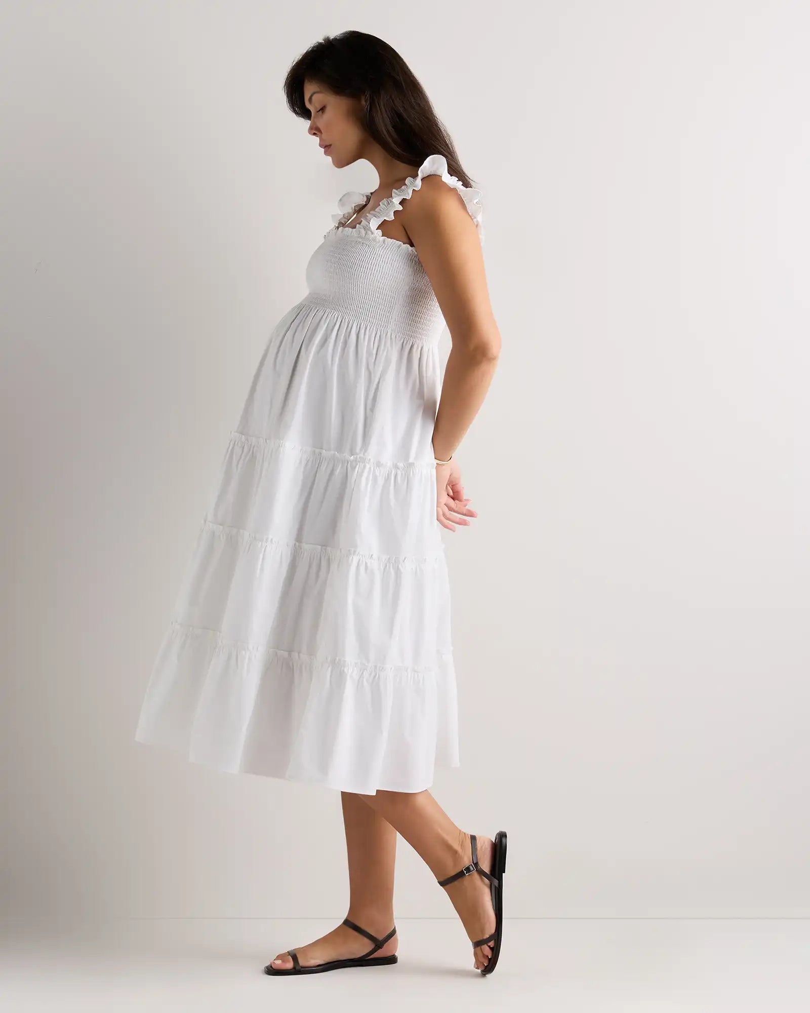 100% Organic Cotton Poplin Maternity Smocked Midi Dress