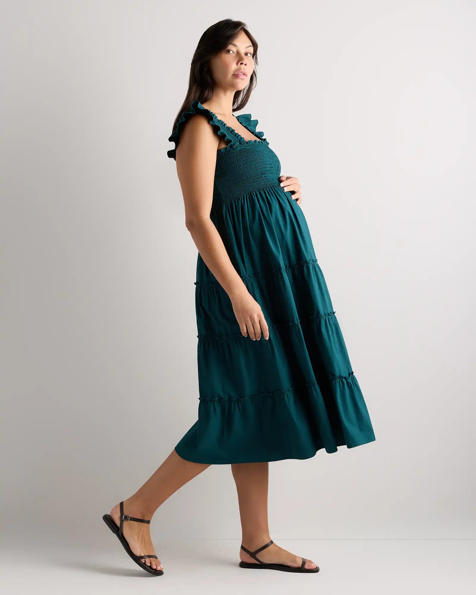 100% Organic Cotton Poplin Maternity Smocked Midi Dress