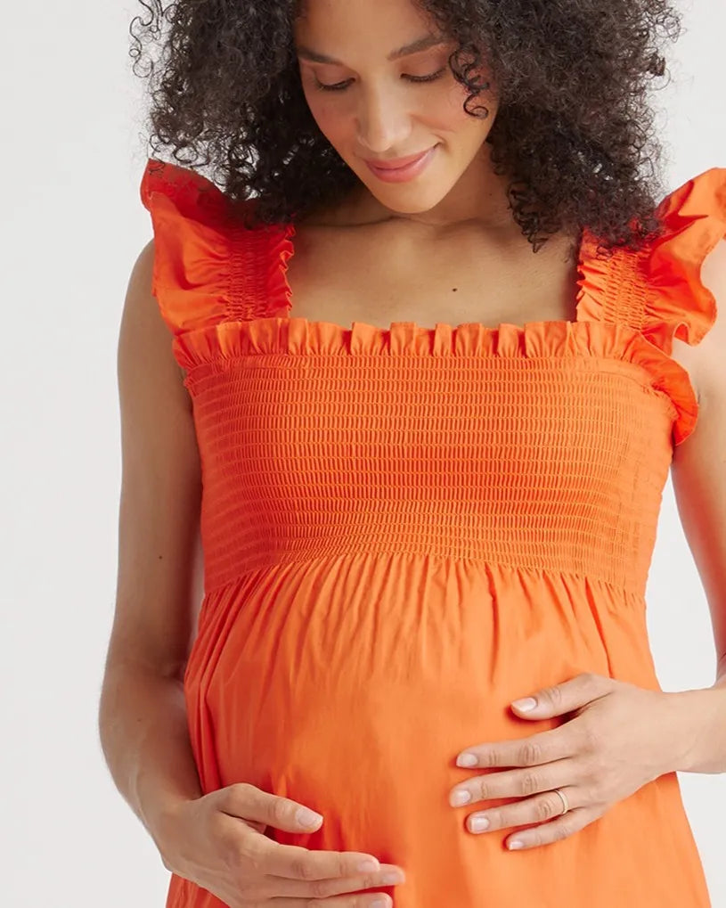 100% Organic Cotton Poplin Maternity Smocked Midi Dress