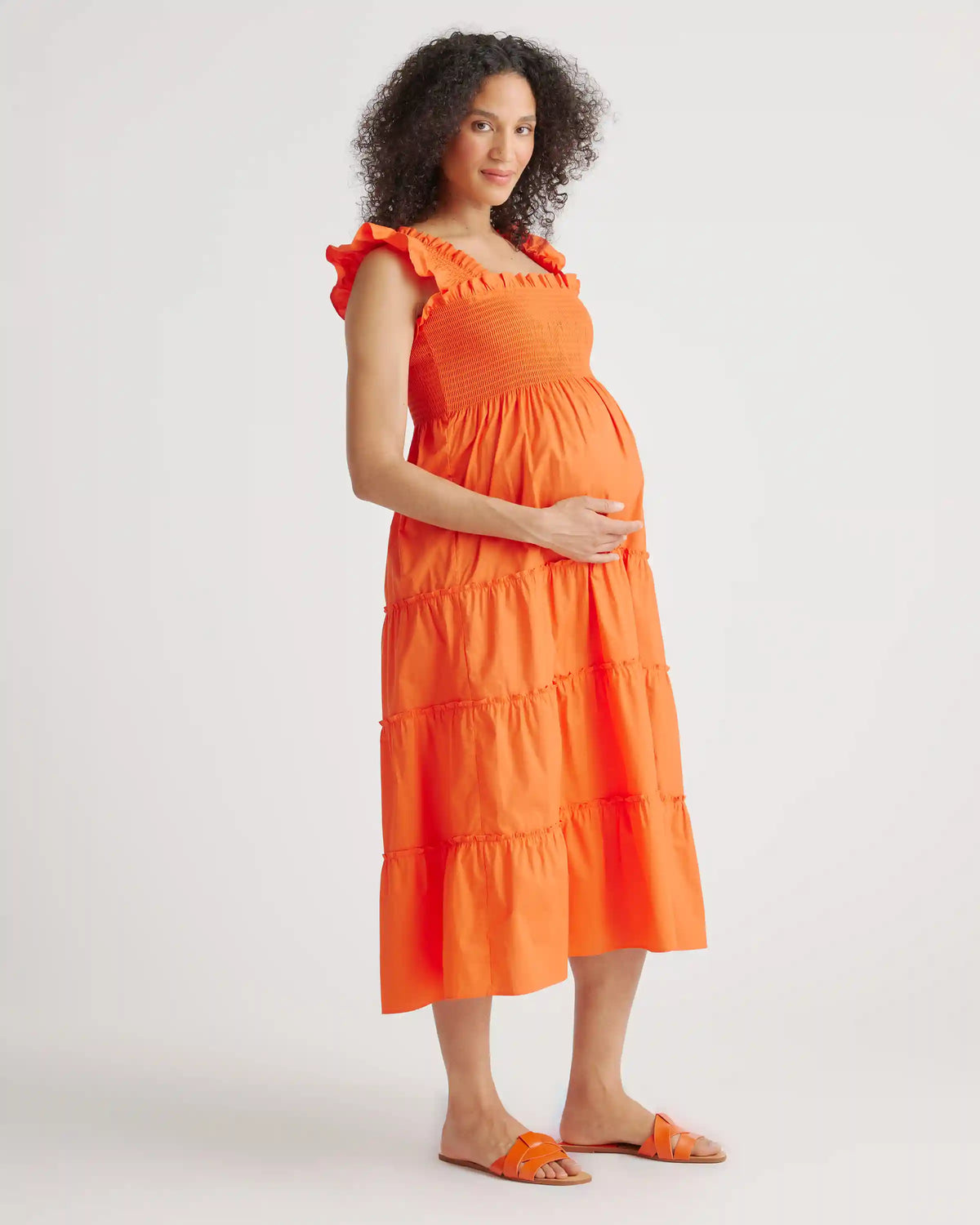 100% Organic Cotton Poplin Maternity Smocked Midi Dress