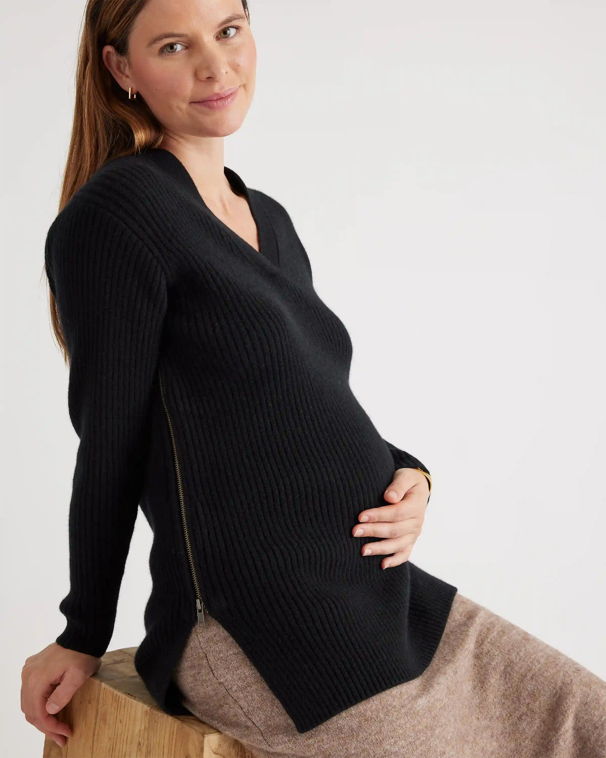 Mongolian Cashmere Ribbed Side Zip Maternity Sweater