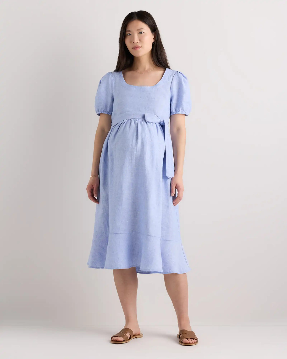 100% European Linen Maternity Short Sleeve Midi Dress