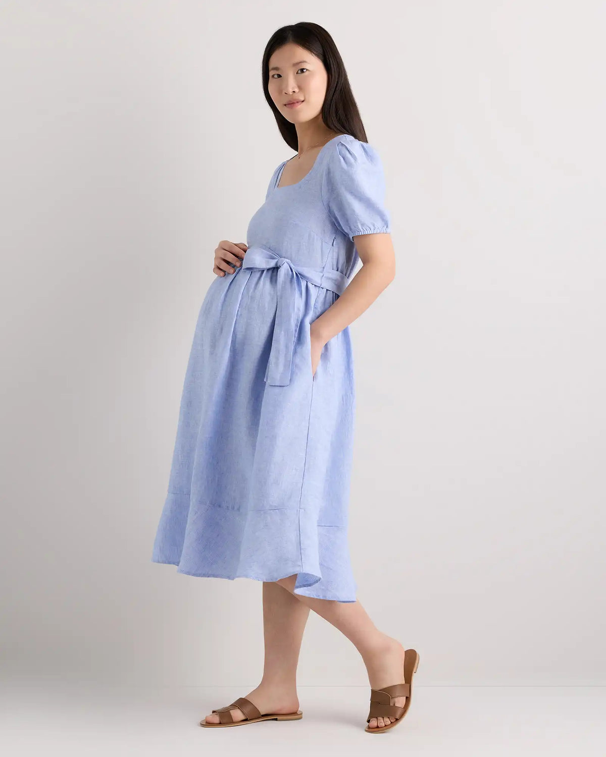 100% European Linen Maternity Short Sleeve Midi Dress
