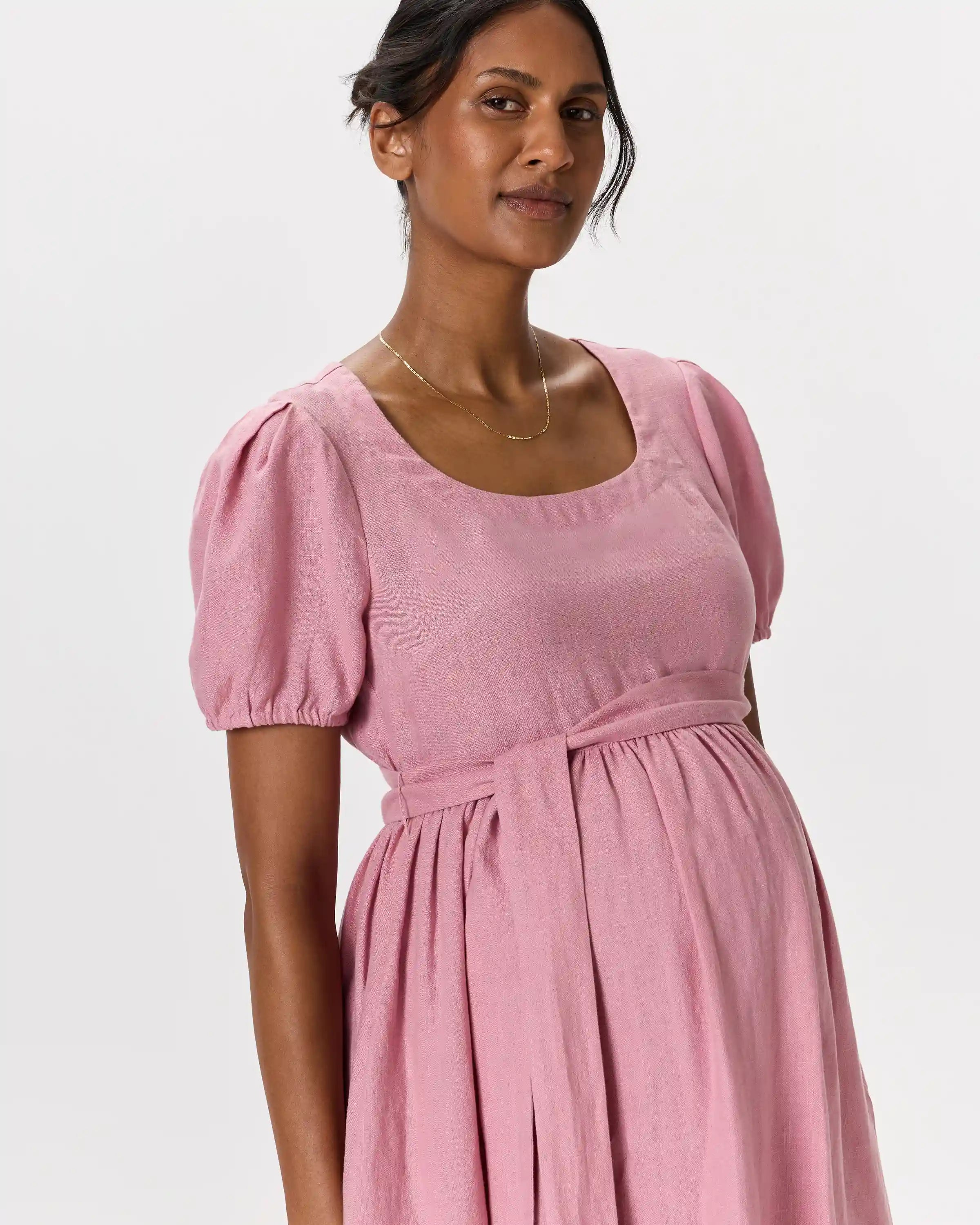 100% European Linen Maternity Short Sleeve Midi Dress