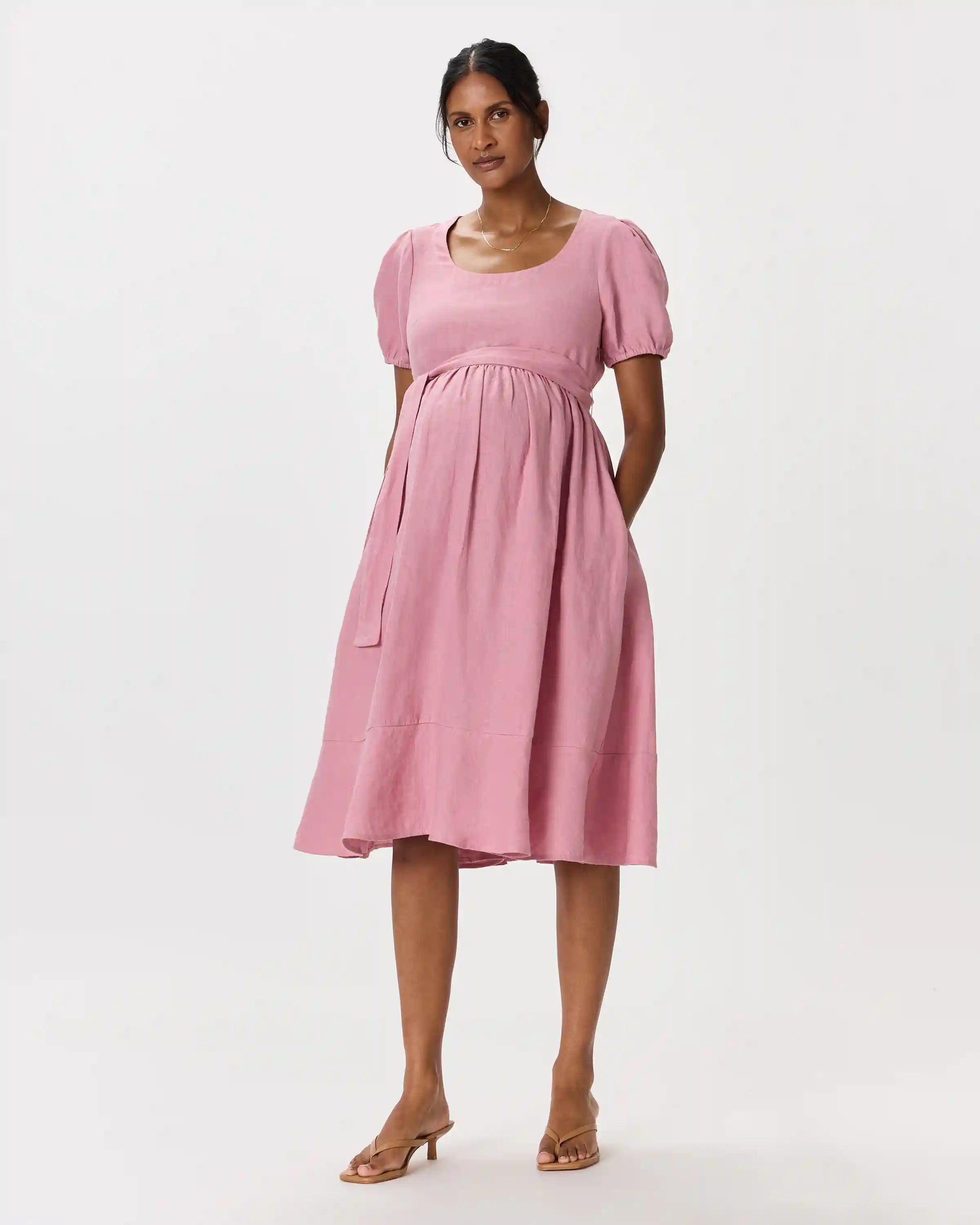 100% European Linen Maternity Short Sleeve Midi Dress