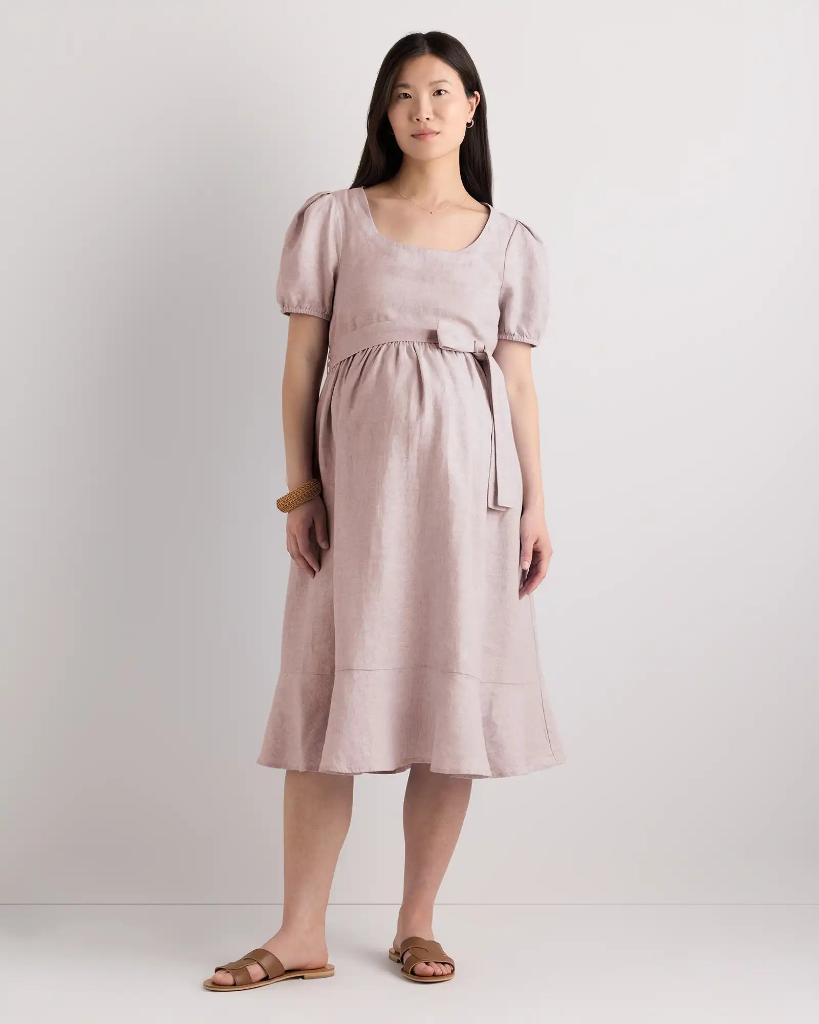 100% European Linen Maternity Short Sleeve Midi Dress
