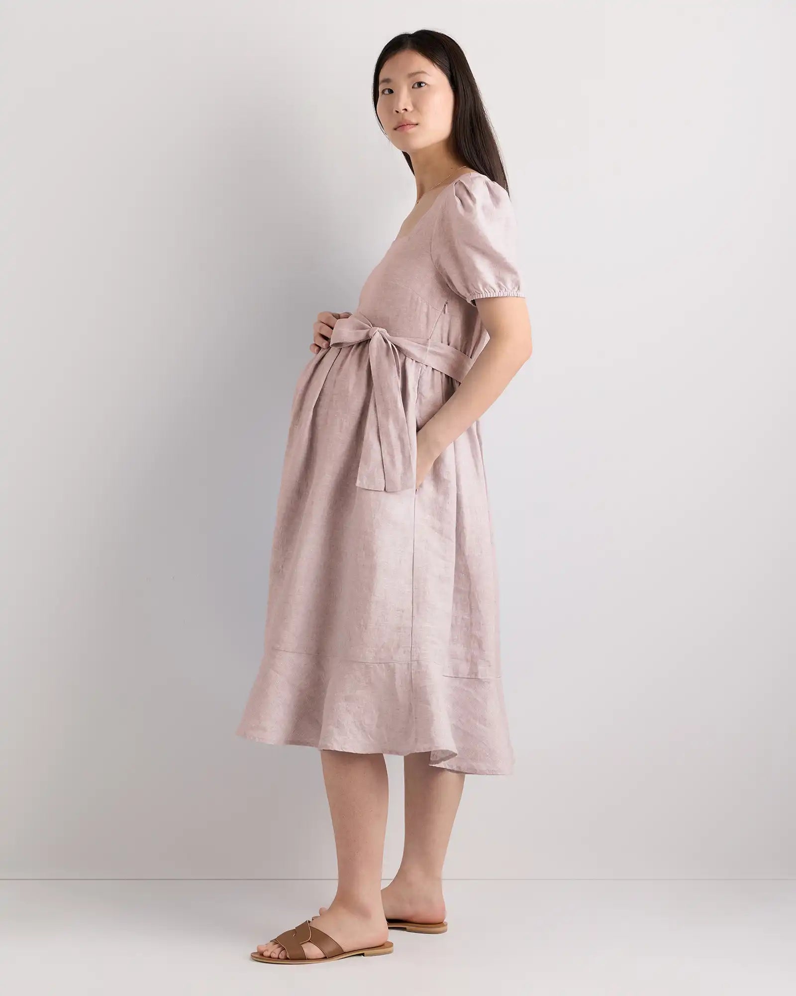 100% European Linen Maternity Short Sleeve Midi Dress