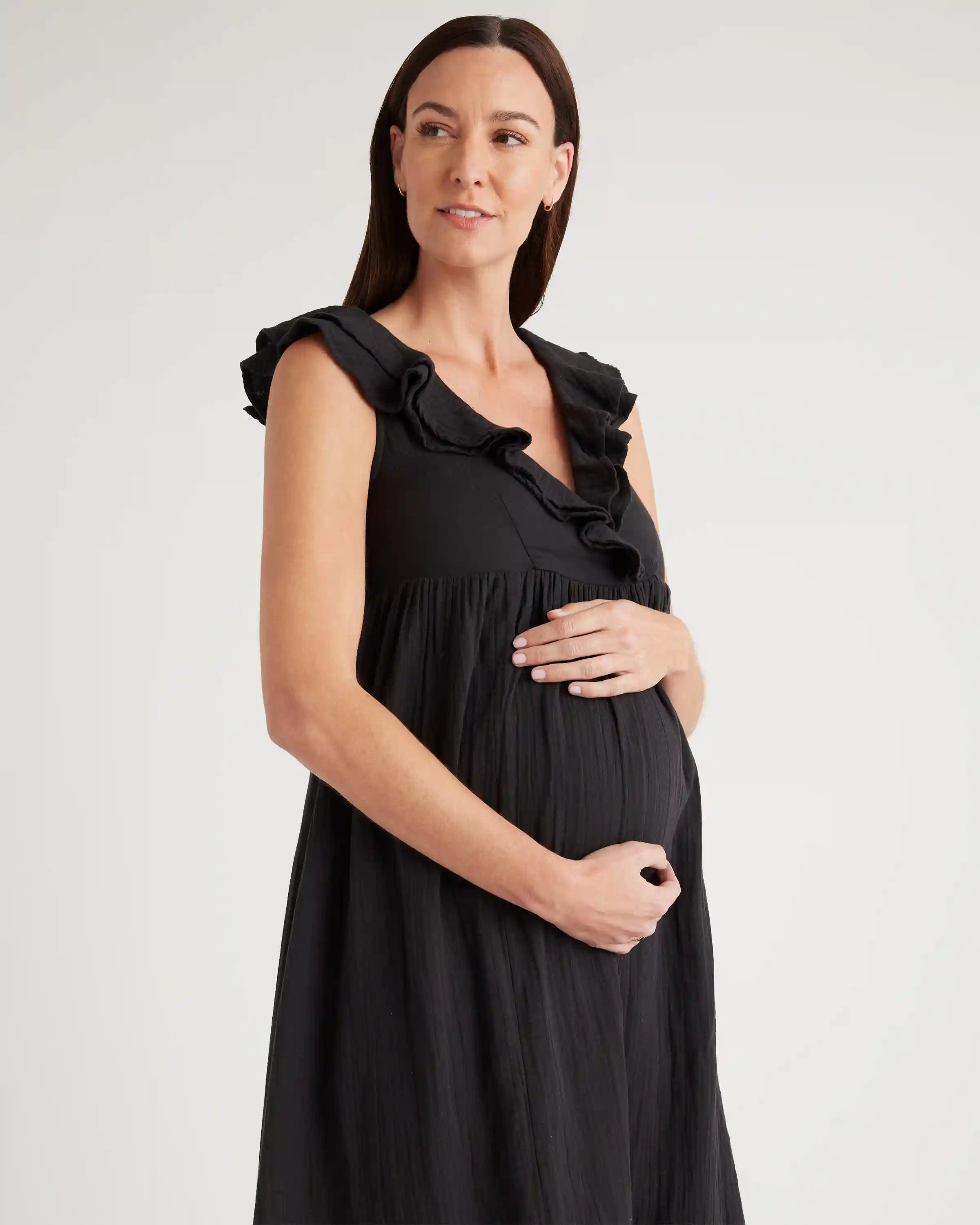 Organic Cotton Gauze Maternity Ruffle Front Dress