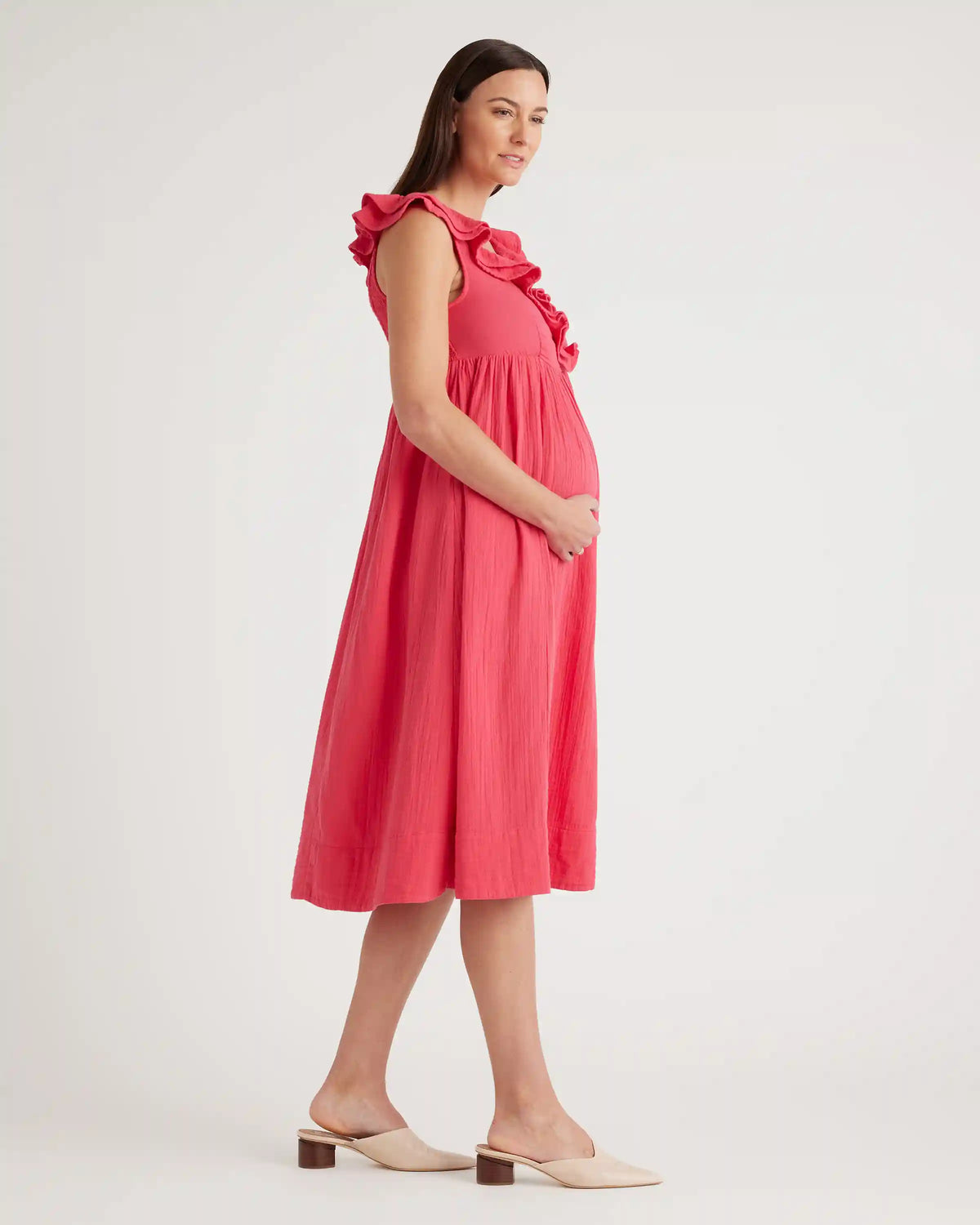 Organic Cotton Gauze Maternity Ruffle Front Dress