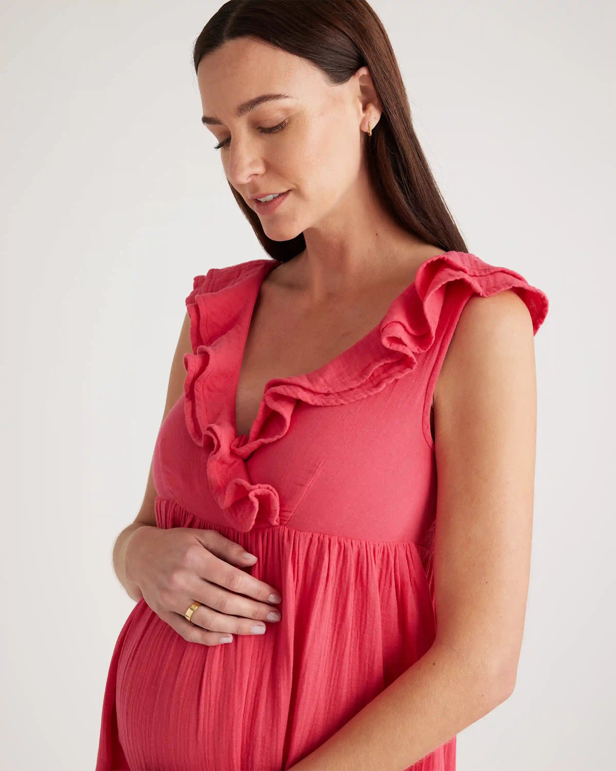 Organic Cotton Gauze Maternity Ruffle Front Dress