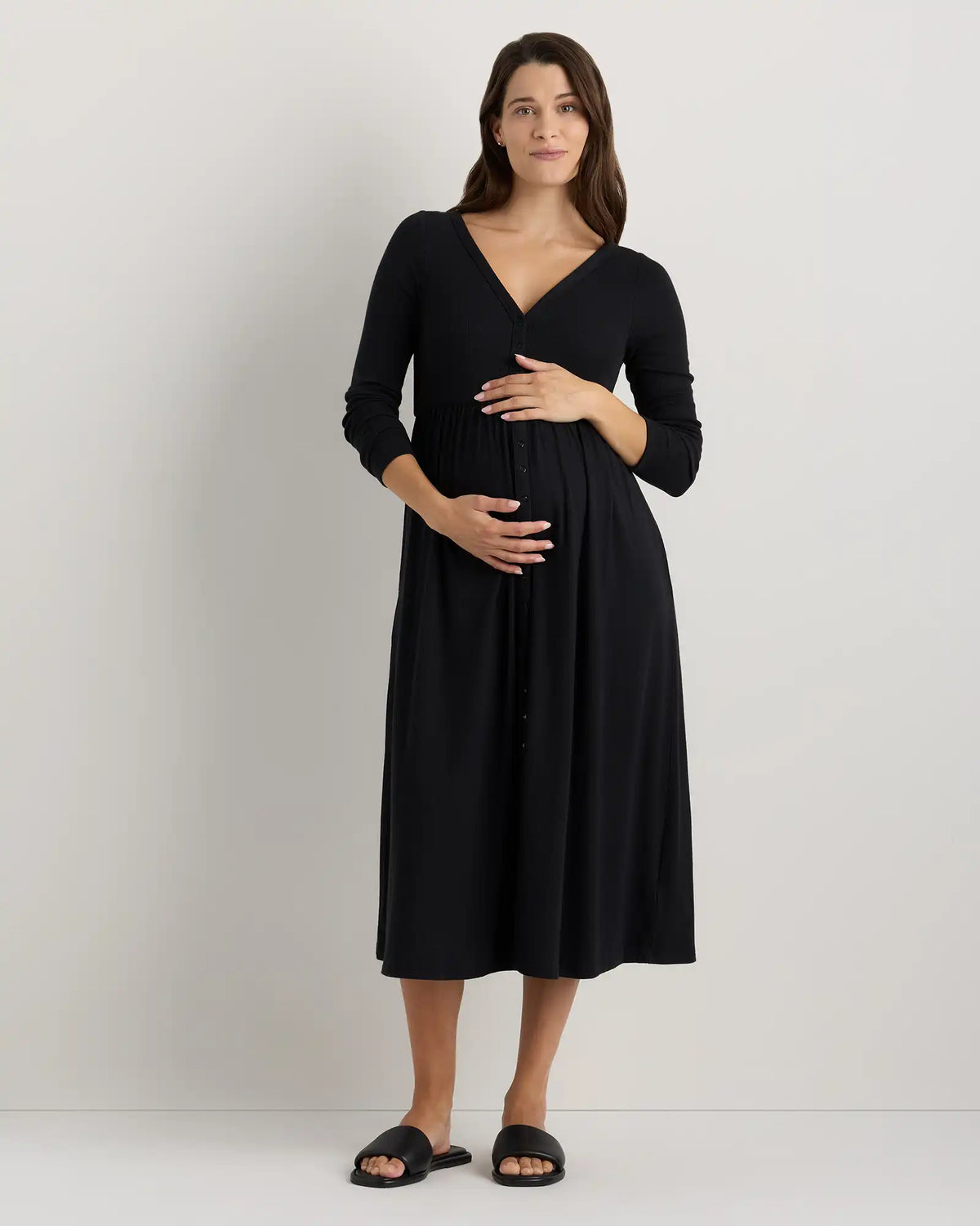 Bamboo Rib Maternity Long Sleeve Button Front Dress