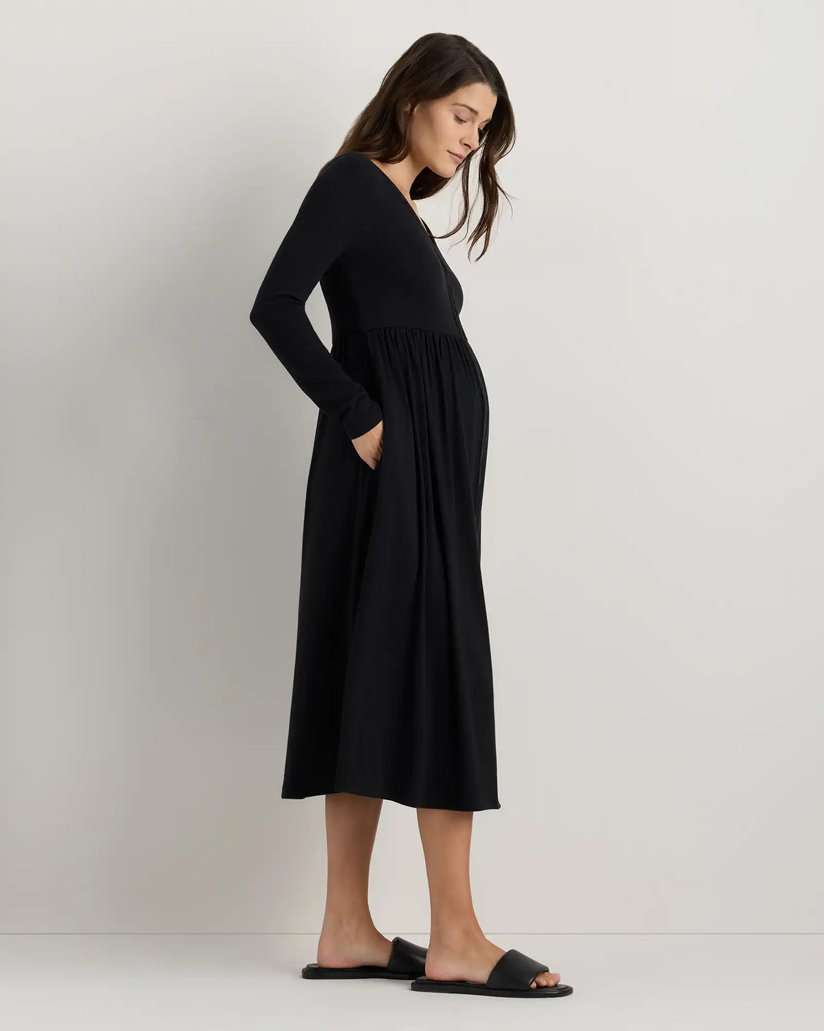 Bamboo Rib Maternity Long Sleeve Button Front Dress