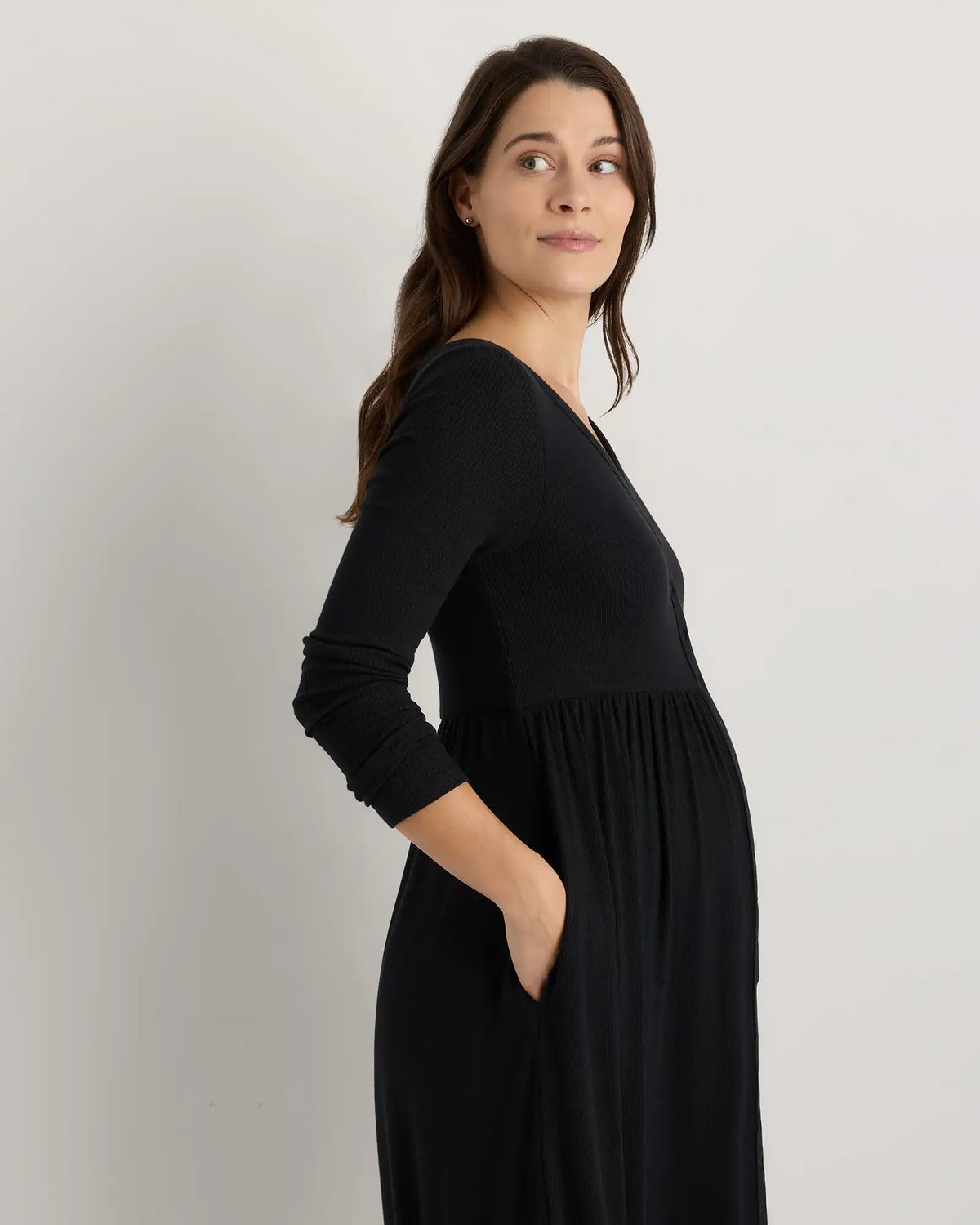 Bamboo Rib Maternity Long Sleeve Button Front Dress