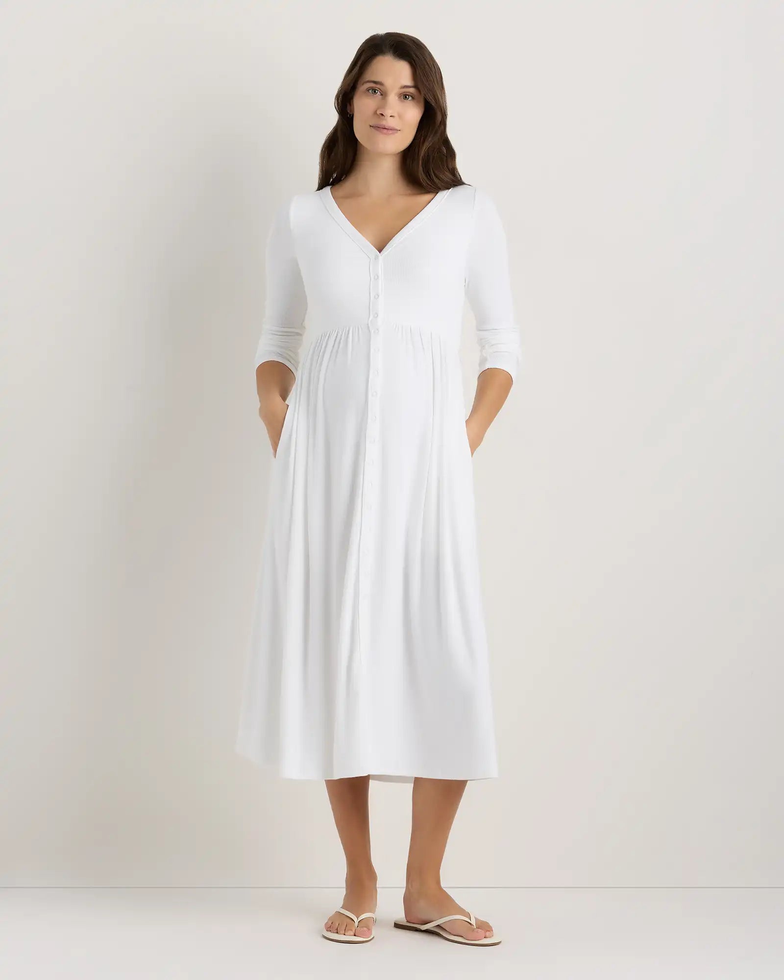 Bamboo Rib Maternity Long Sleeve Button Front Dress