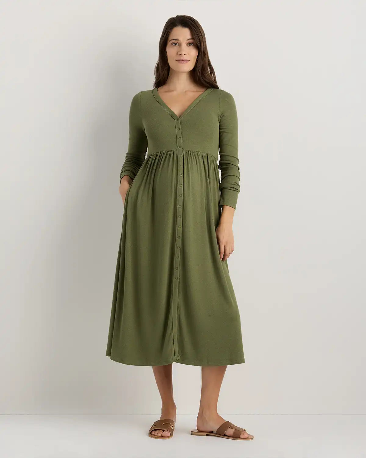 Bamboo Rib Maternity Long Sleeve Button Front Dress