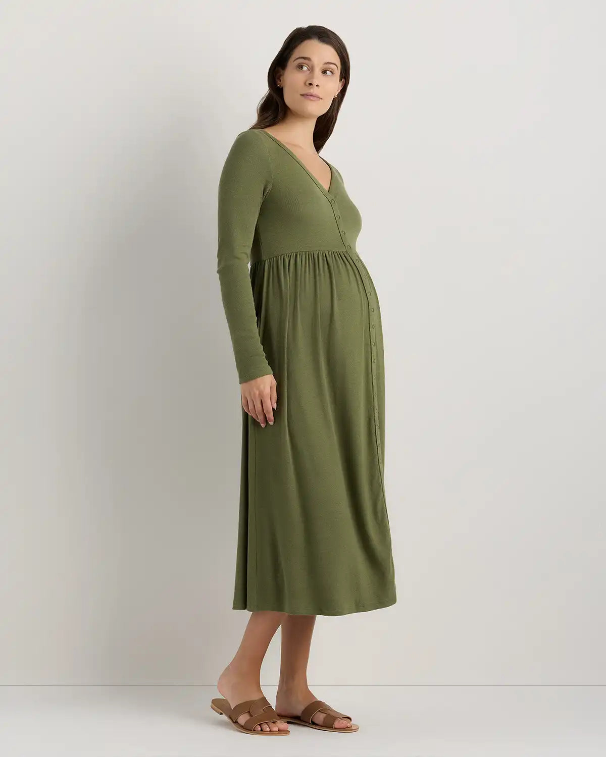 Bamboo Rib Maternity Long Sleeve Button Front Dress