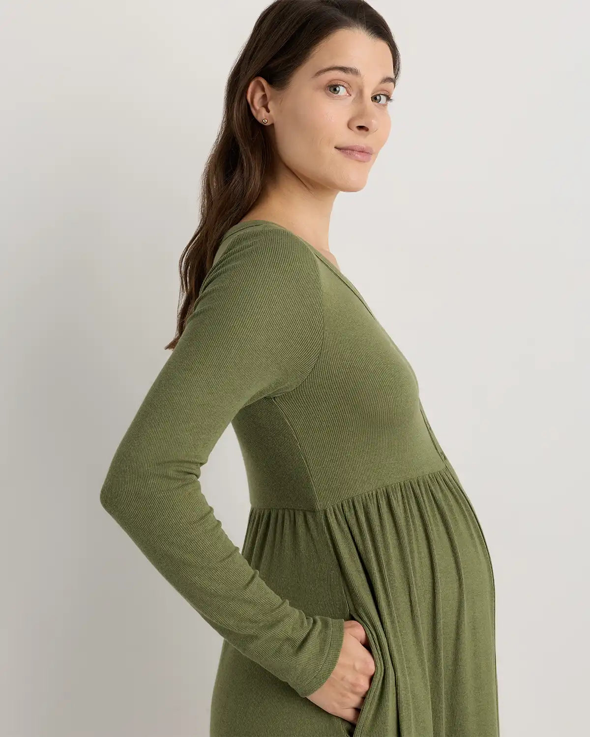 Bamboo Rib Maternity Long Sleeve Button Front Dress