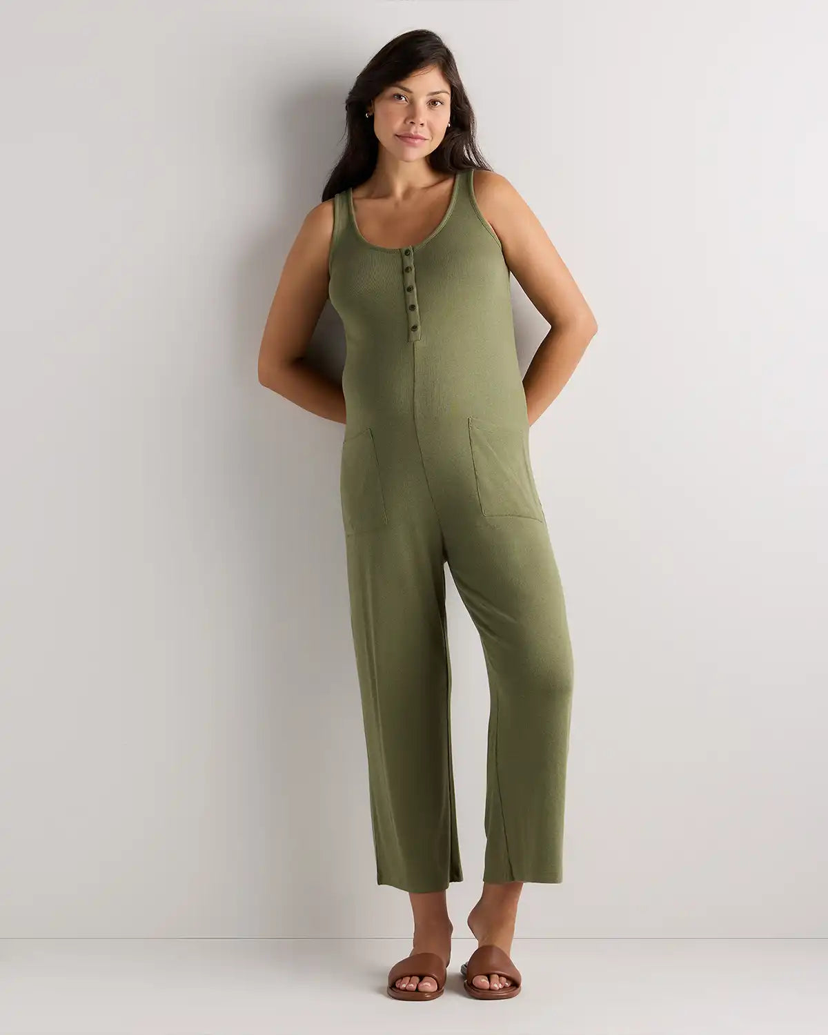Bamboo Rib Maternity Button Front Jumpsuit