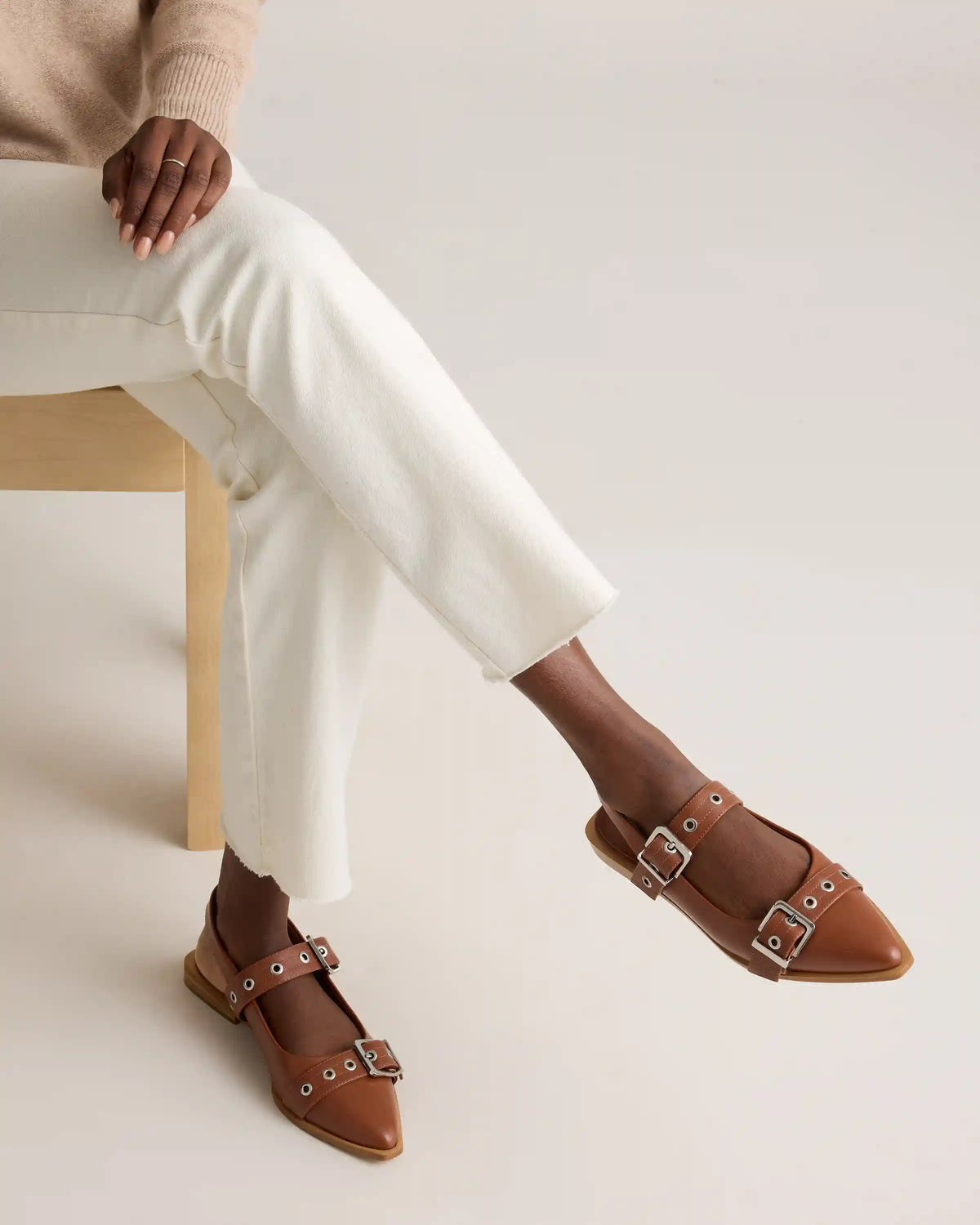 Italian Leather Bold Buckle Slingback Flat
