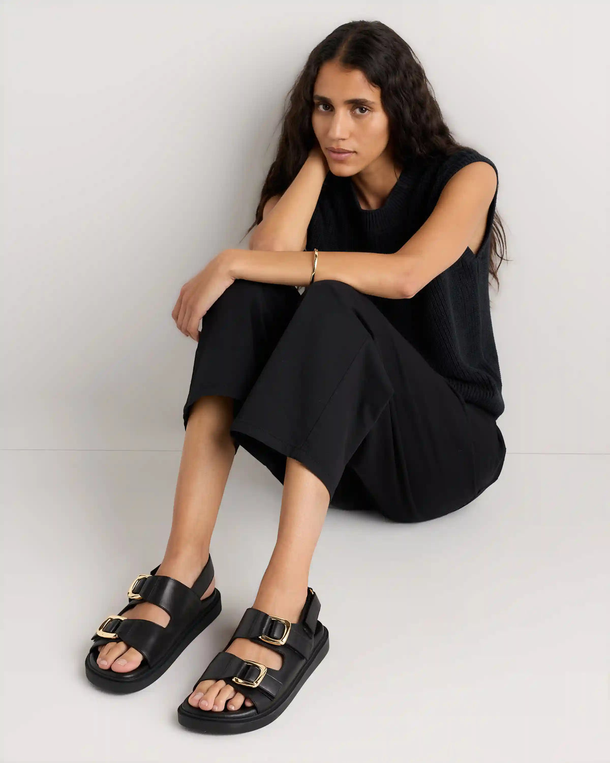 Italian Leather Double Buckle Slingback Sandal