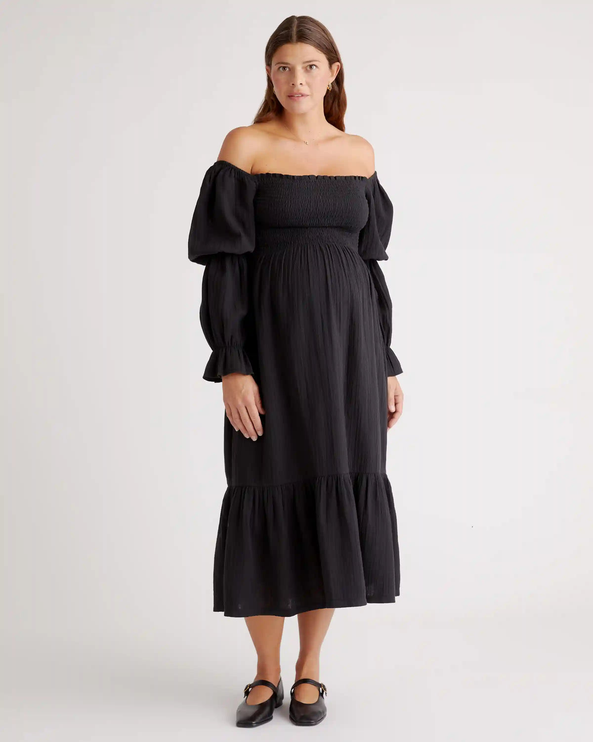 100% Organic Cotton Gauze Maternity Smocked Midi Dress