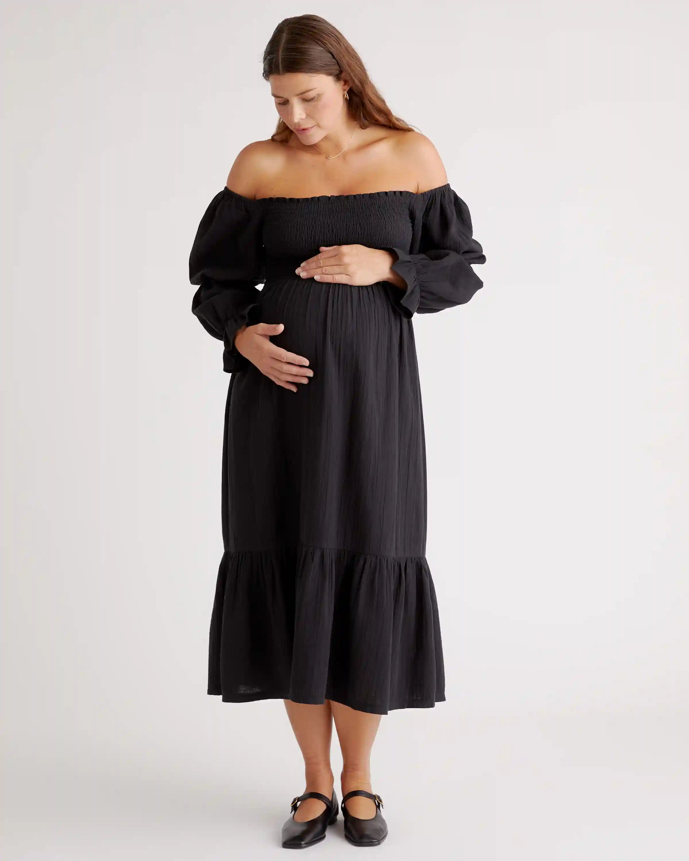 100% Organic Cotton Gauze Maternity Smocked Midi Dress