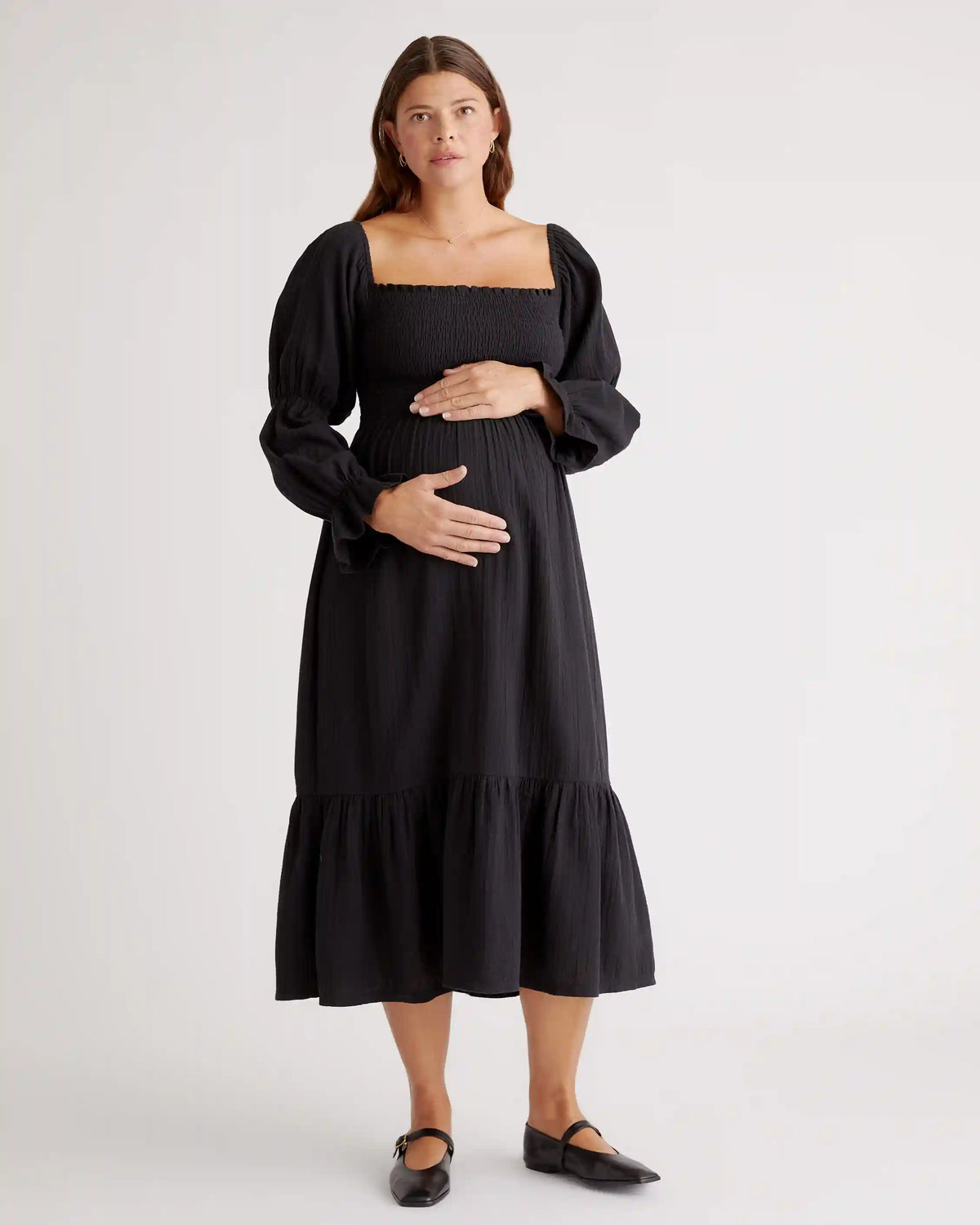 100% Organic Cotton Gauze Maternity Smocked Midi Dress
