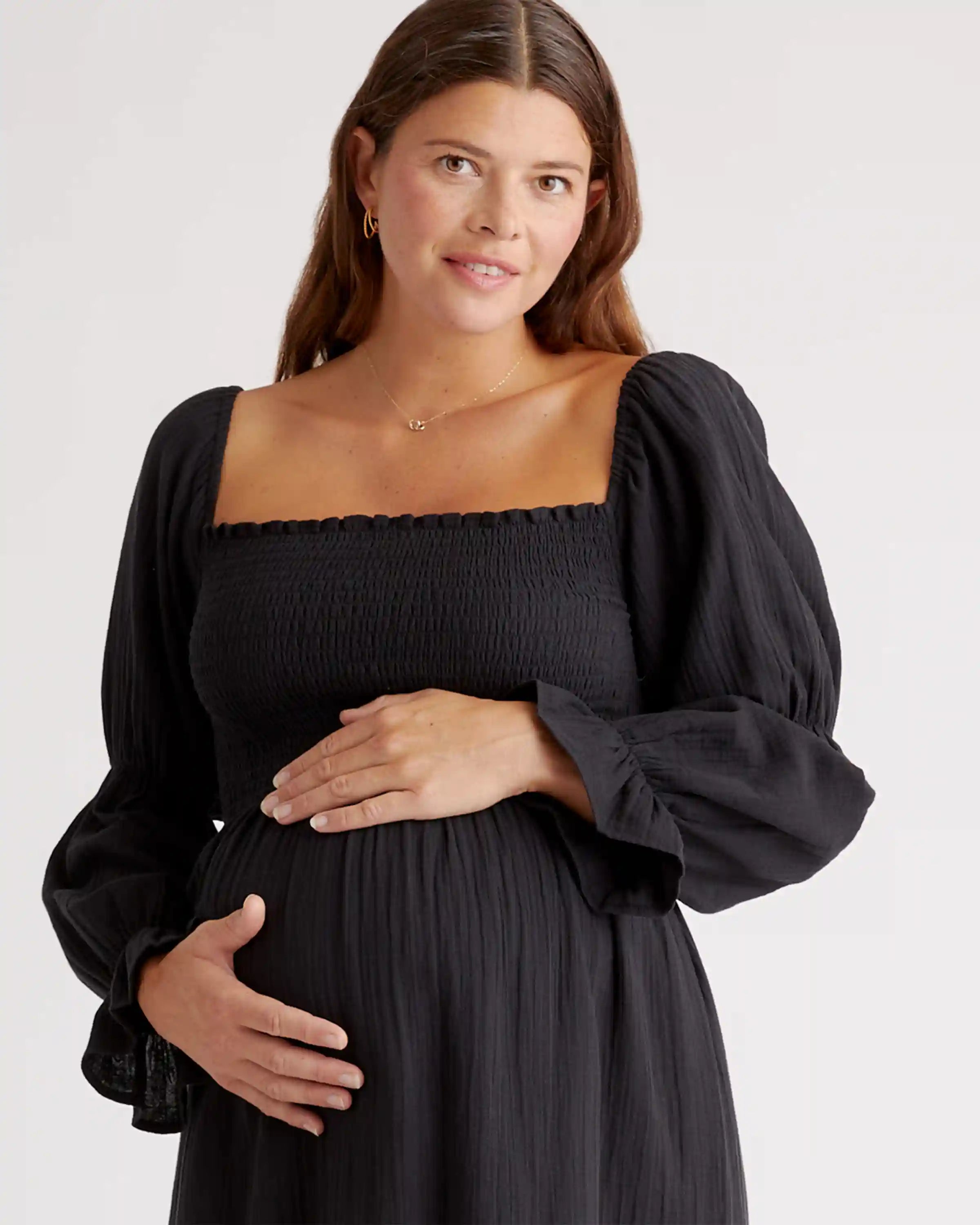 100% Organic Cotton Gauze Maternity Smocked Midi Dress