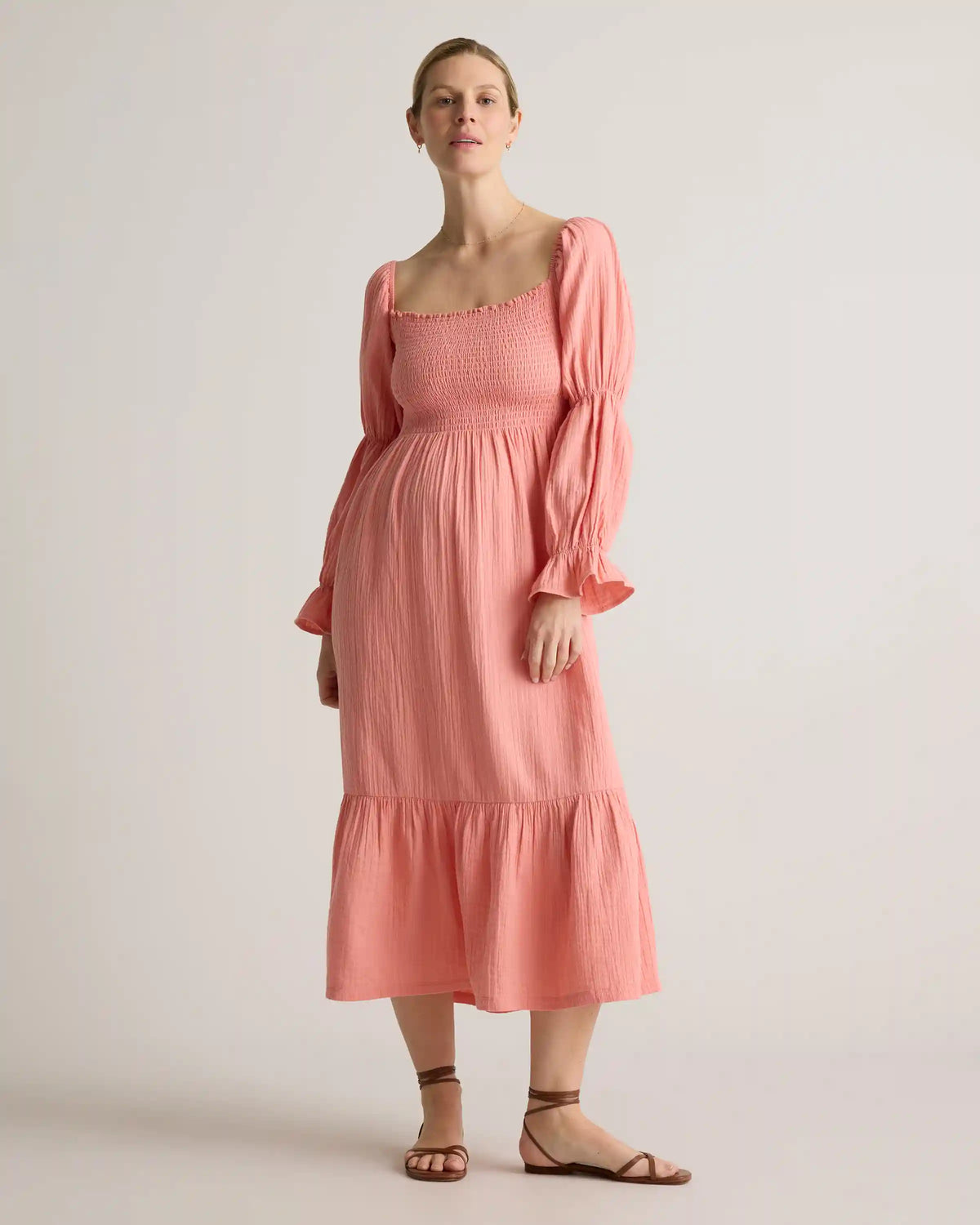 100% Organic Cotton Gauze Maternity Smocked Midi Dress