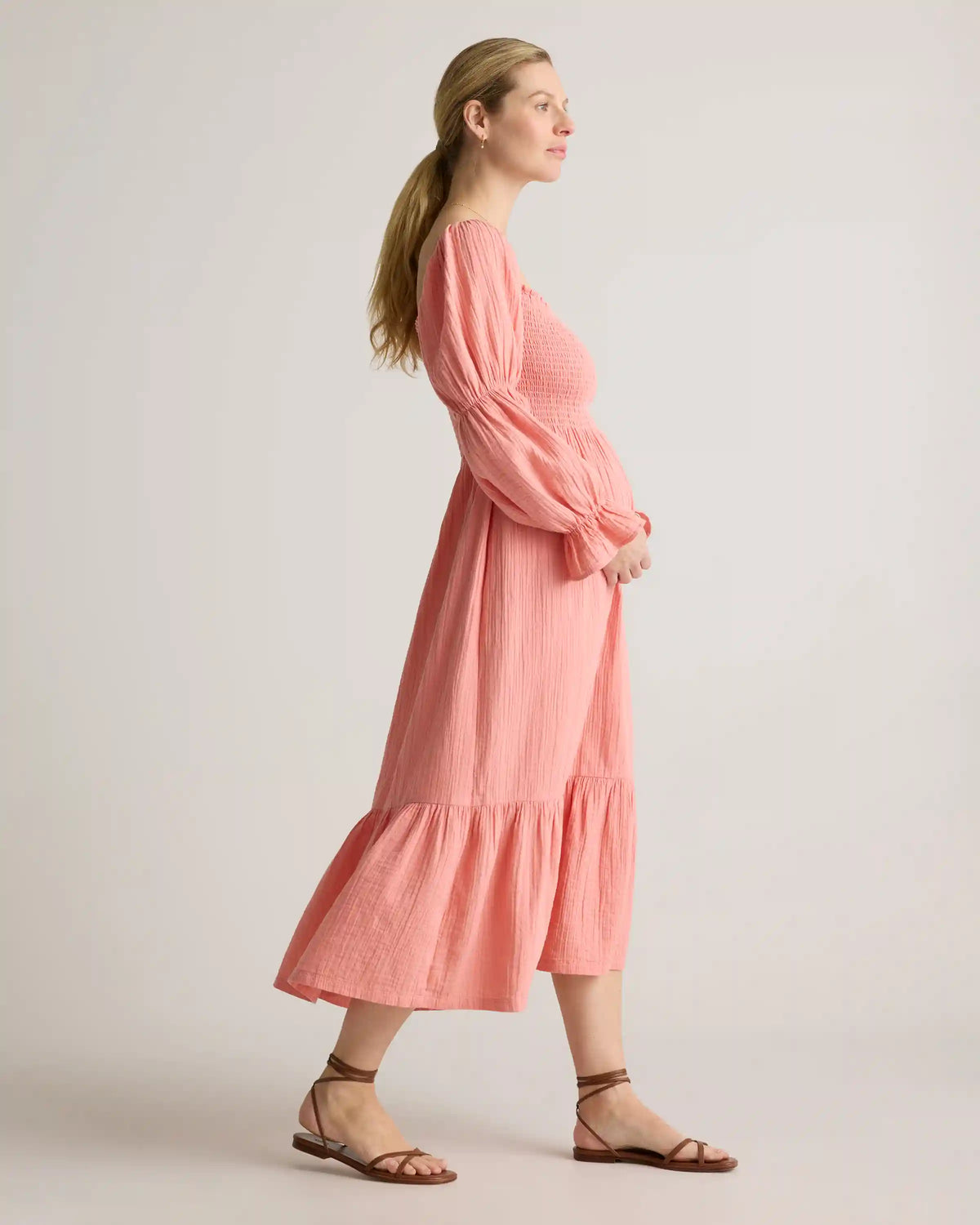 100% Organic Cotton Gauze Maternity Smocked Midi Dress