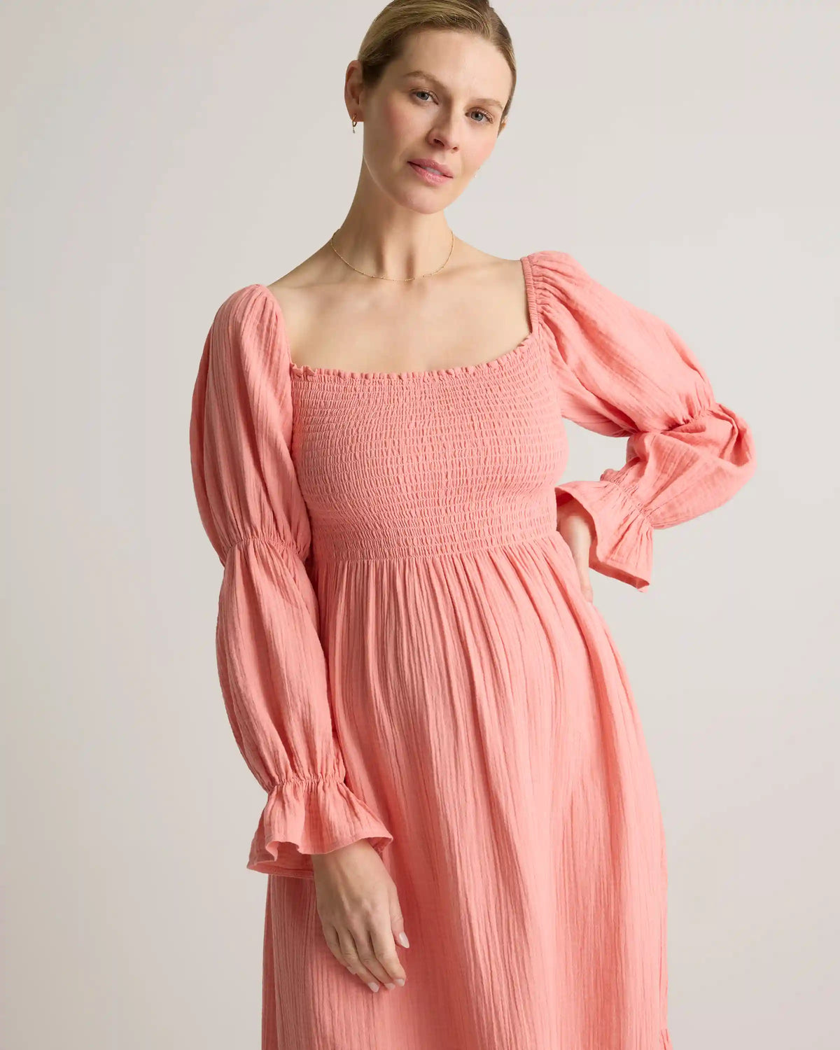100% Organic Cotton Gauze Maternity Smocked Midi Dress