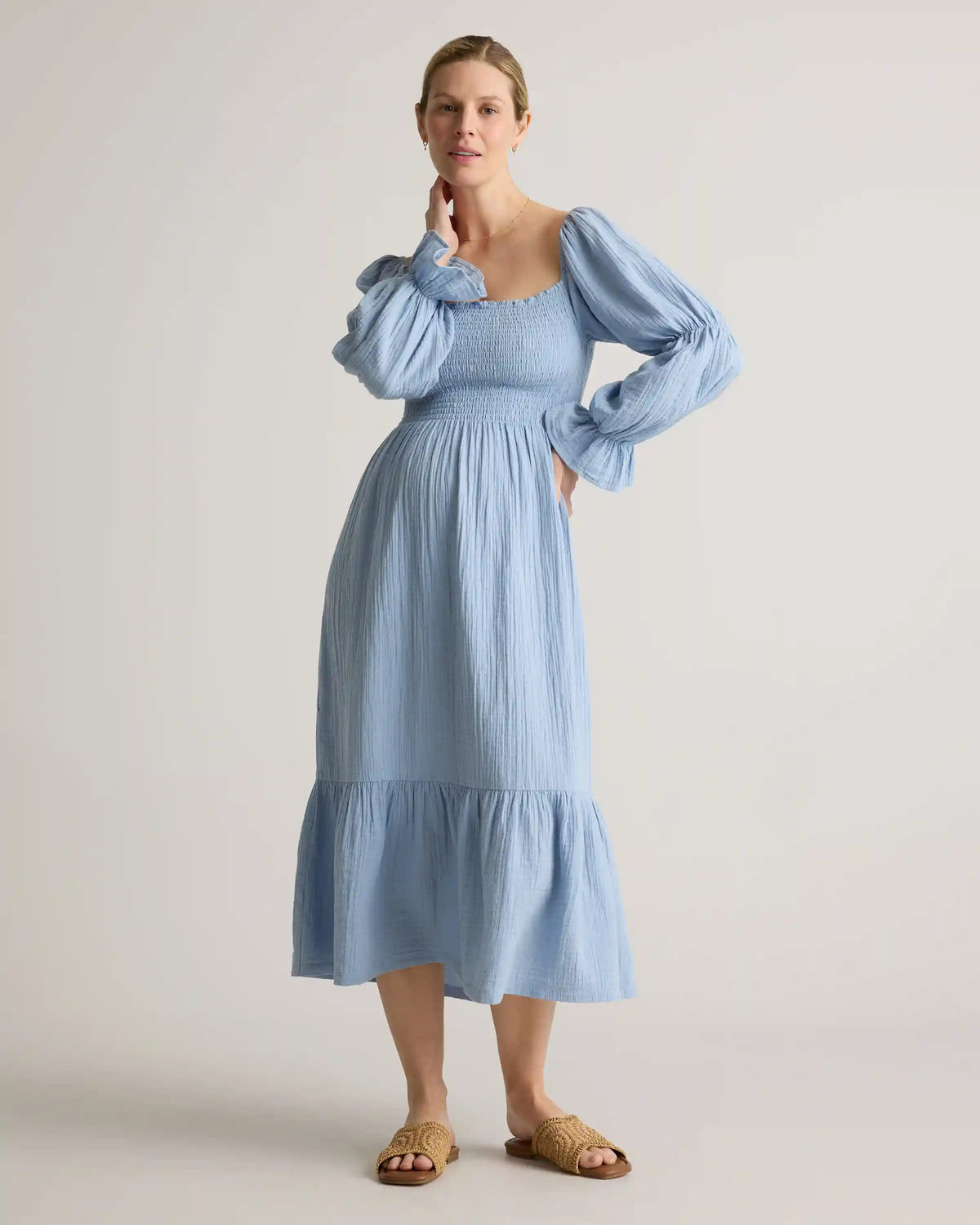 100% Organic Cotton Gauze Maternity Smocked Midi Dress