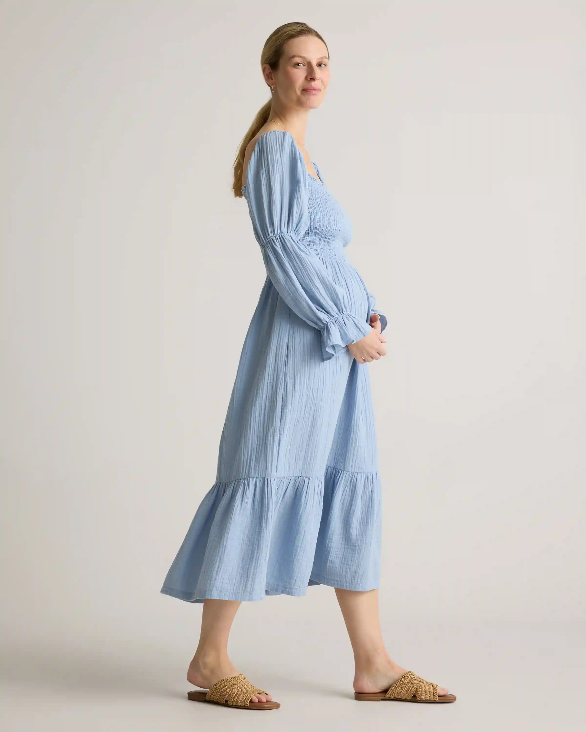 100% Organic Cotton Gauze Maternity Smocked Midi Dress