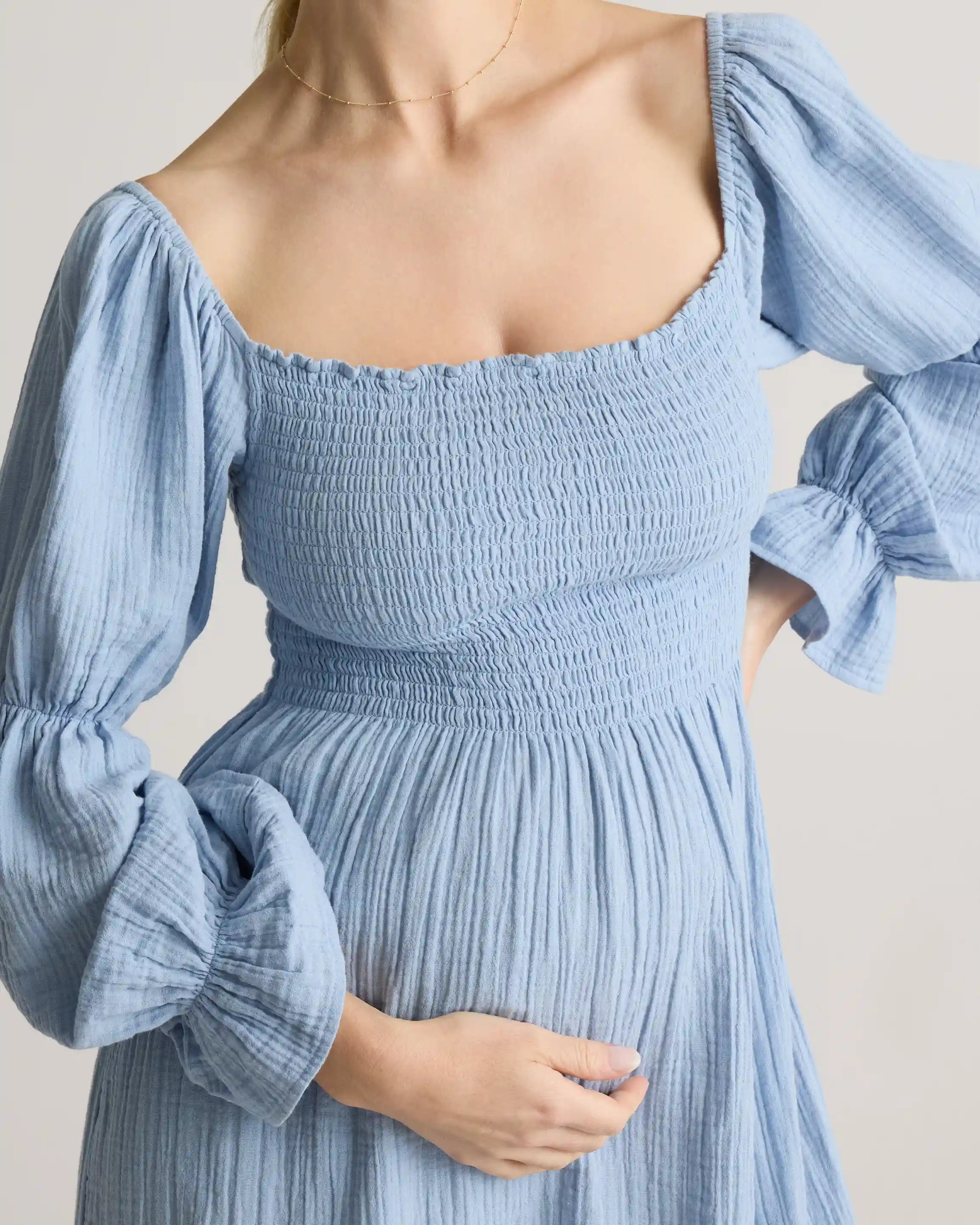 100% Organic Cotton Gauze Maternity Smocked Midi Dress