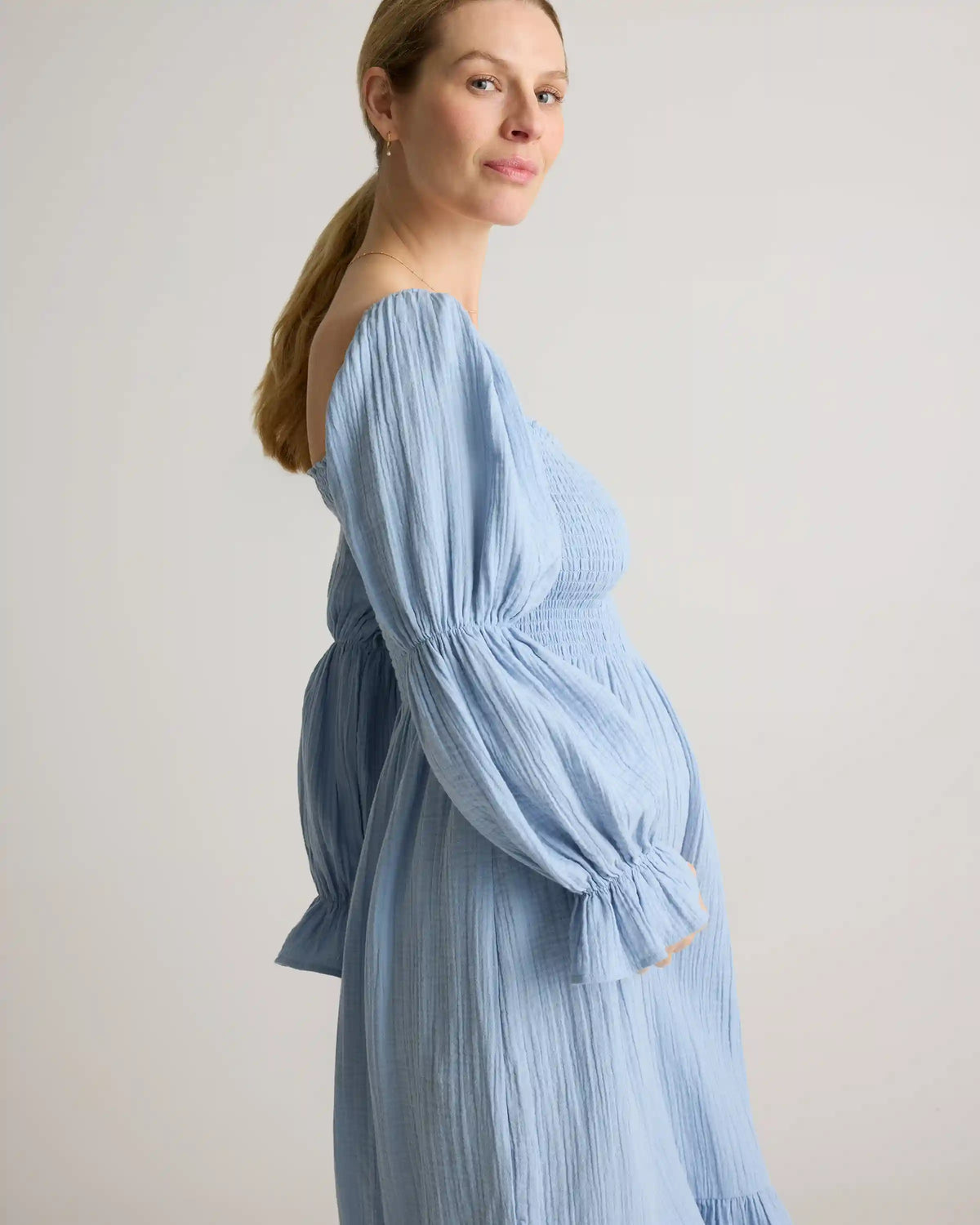 100% Organic Cotton Gauze Maternity Smocked Midi Dress