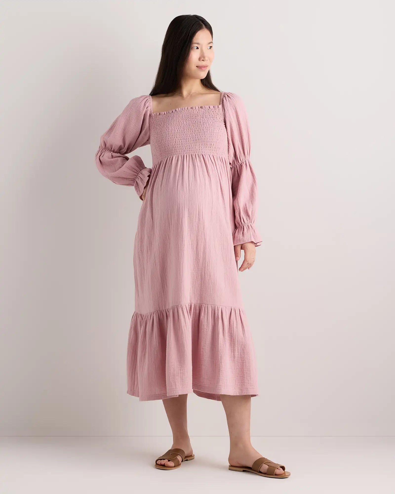 100% Organic Cotton Gauze Maternity Smocked Midi Dress