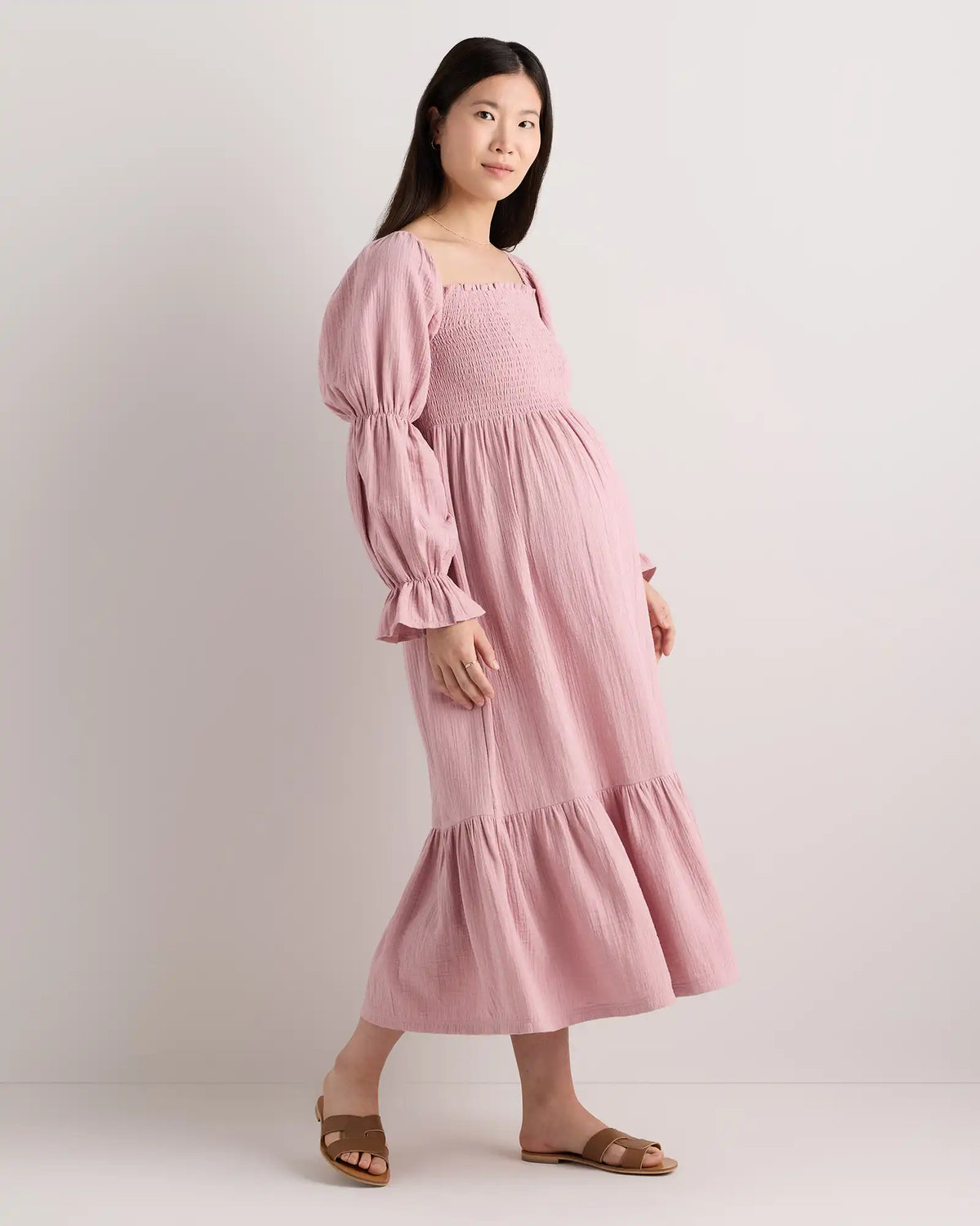 100% Organic Cotton Gauze Maternity Smocked Midi Dress