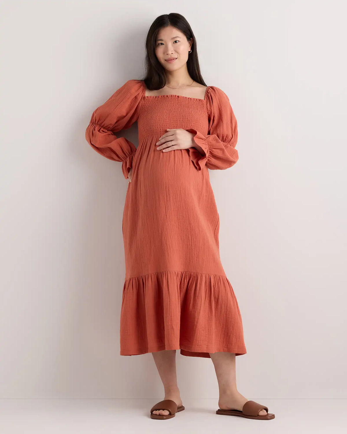 100% Organic Cotton Gauze Maternity Smocked Midi Dress