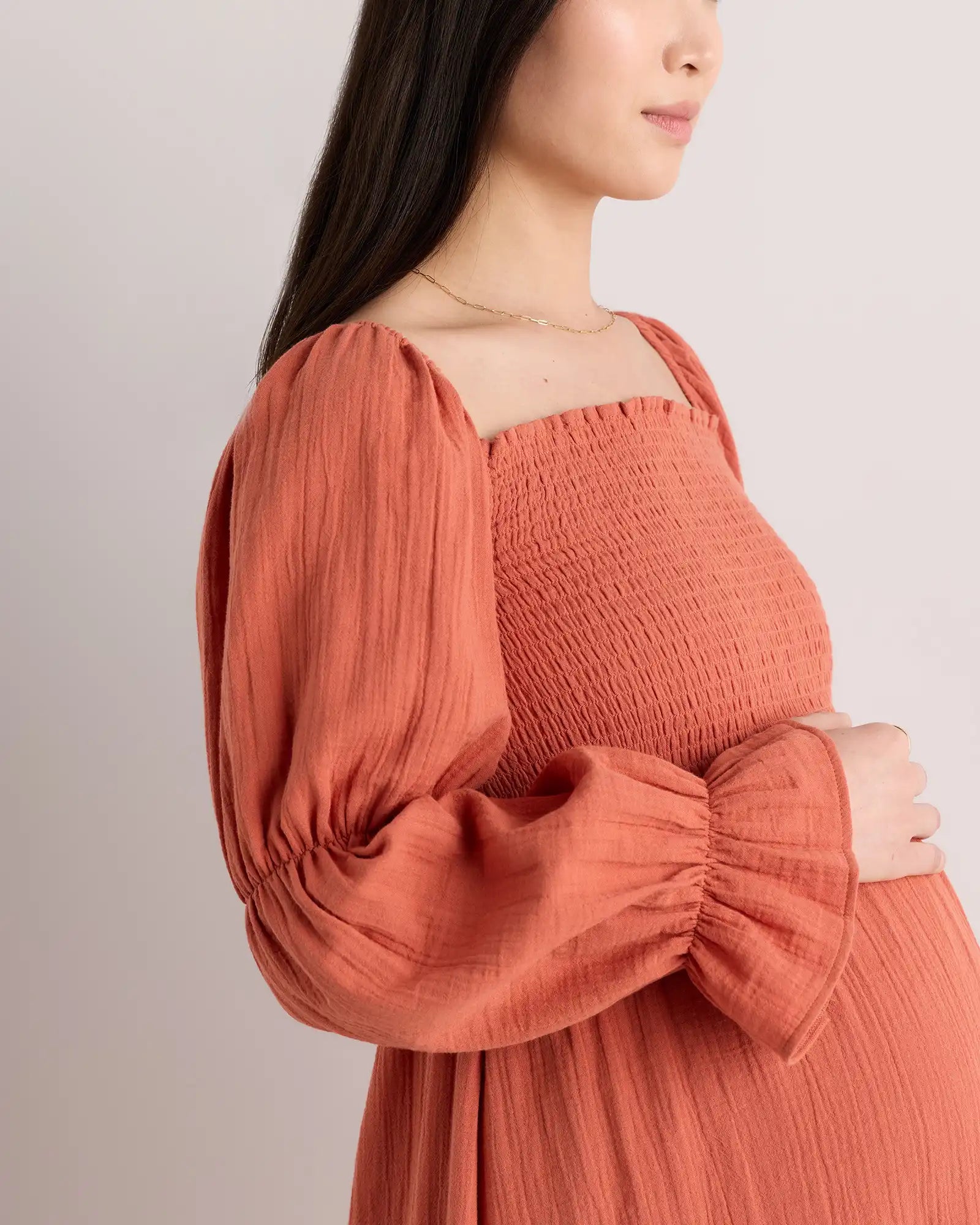 100% Organic Cotton Gauze Maternity Smocked Midi Dress