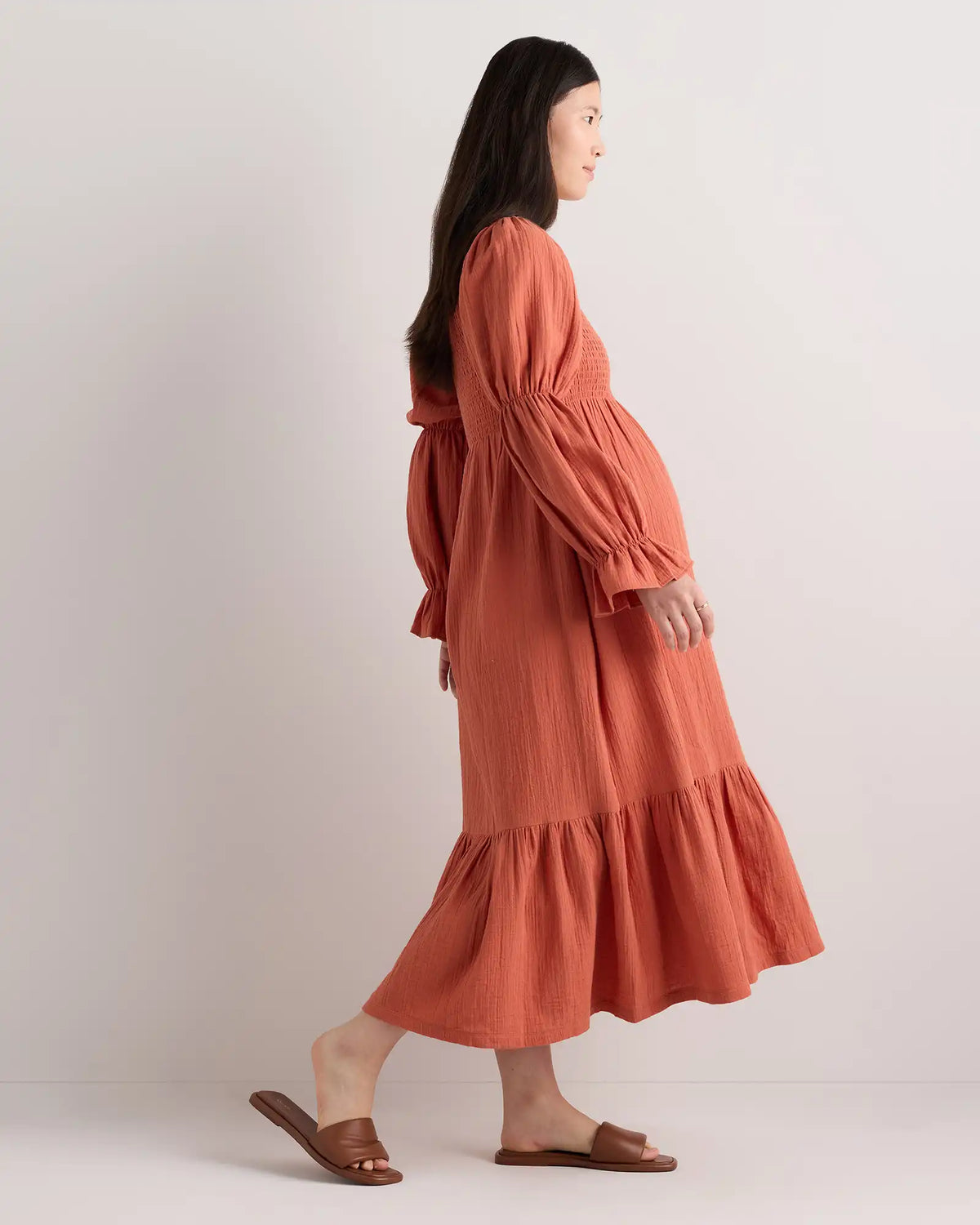 100% Organic Cotton Gauze Maternity Smocked Midi Dress