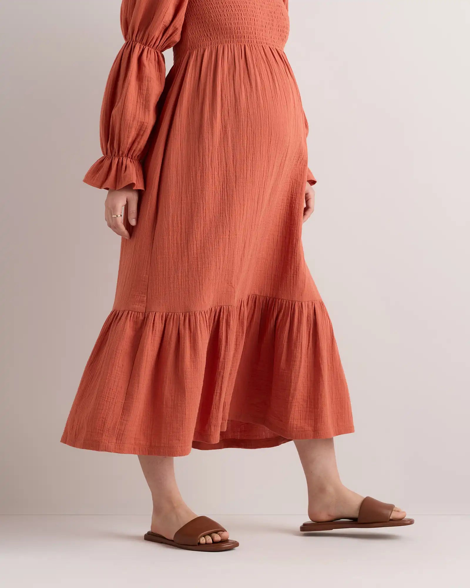 100% Organic Cotton Gauze Maternity Smocked Midi Dress