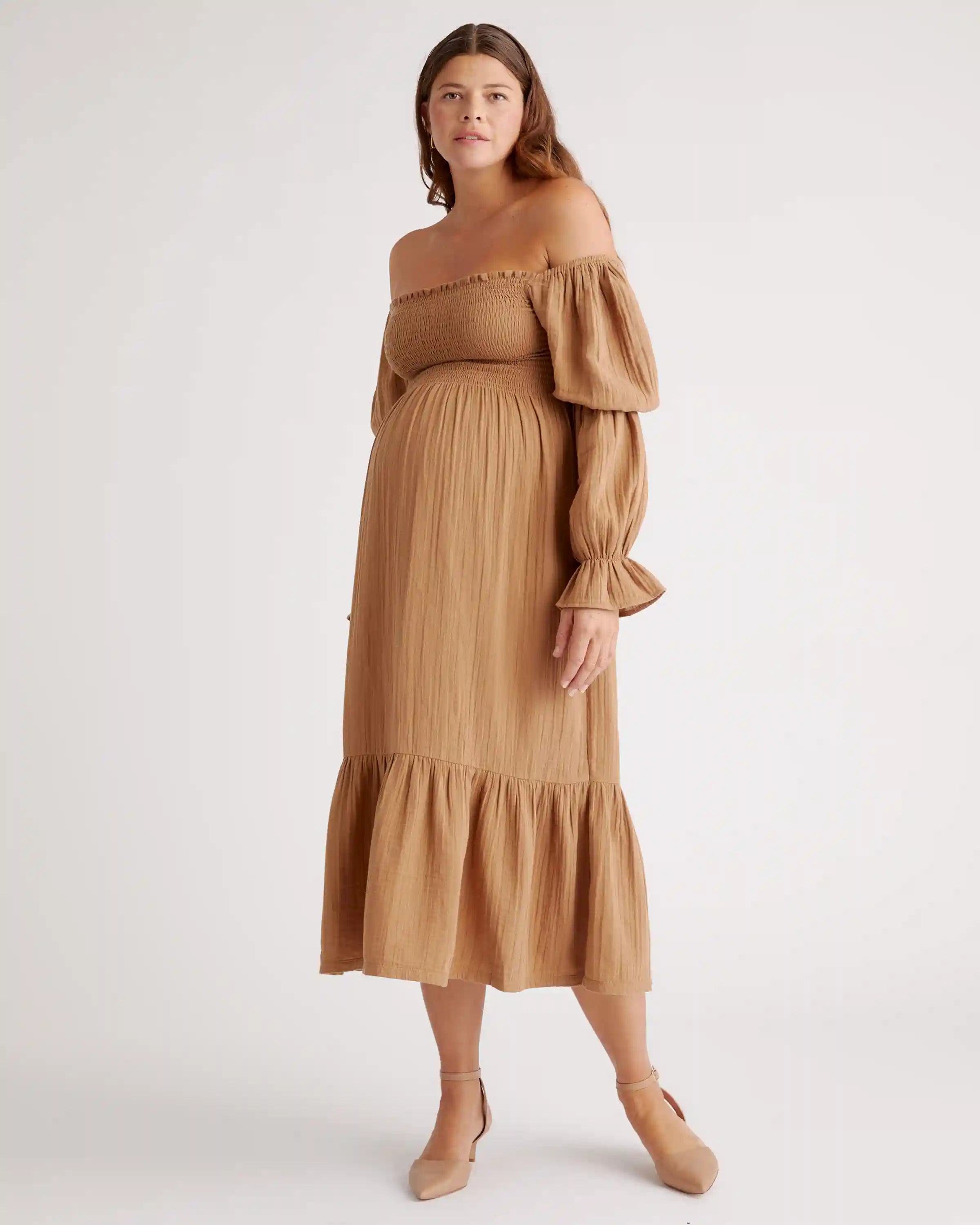 100% Organic Cotton Gauze Maternity Smocked Midi Dress